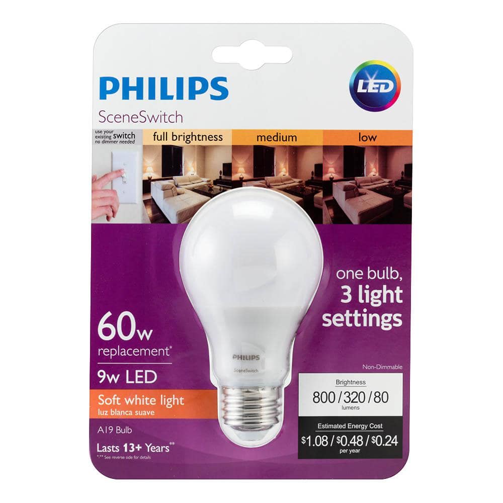 Philips 60-Watt Equivalent A19 SceneSwitch LED Light Bulb, Soft White 2700K / Amber 2500K / Warm Glow 2200K, 4-Pack - Image 6