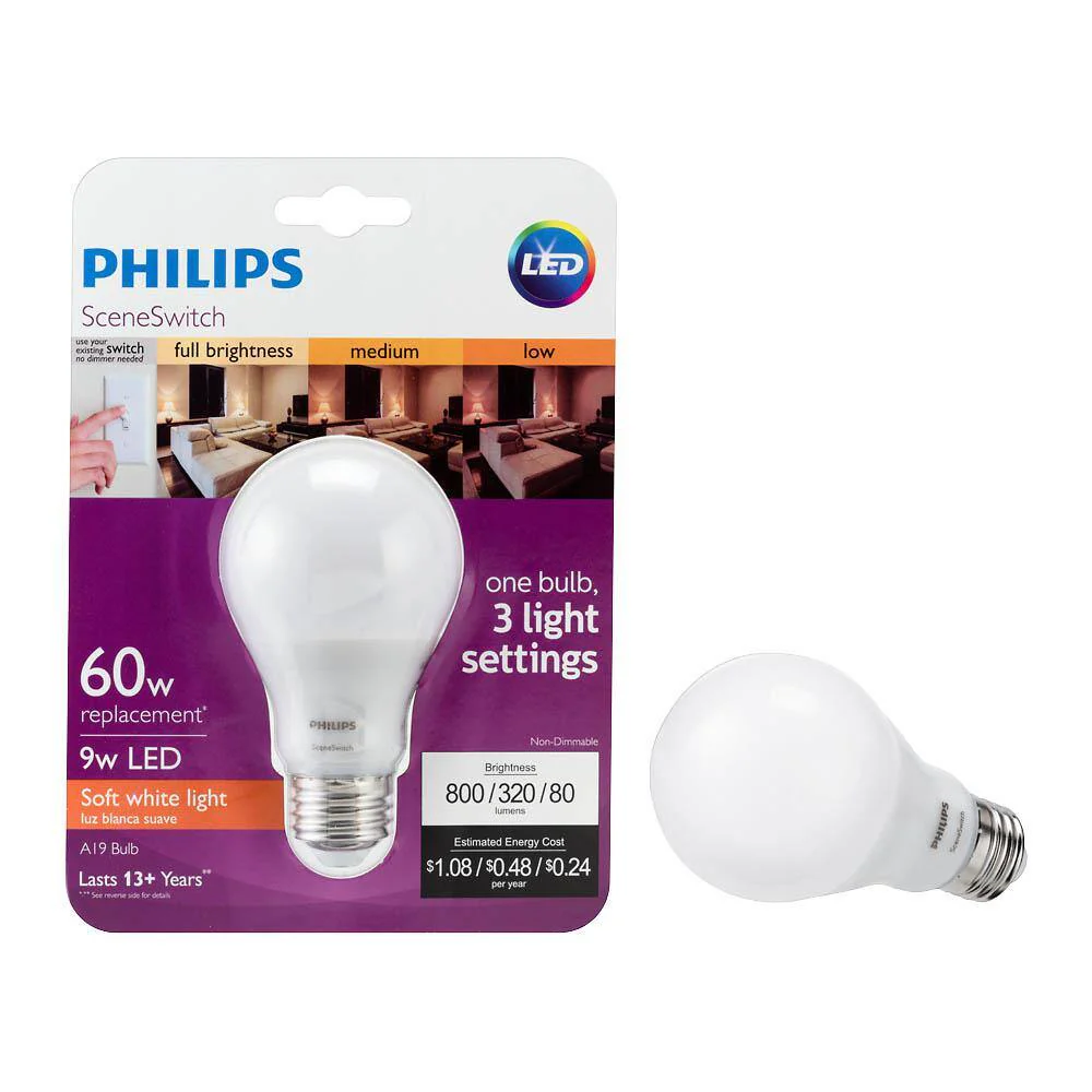 Philips 60-Watt Equivalent A19 SceneSwitch LED Light Bulb, Soft White 2700K / Amber 2500K / Warm Glow 2200K, 4-Pack - Image 7