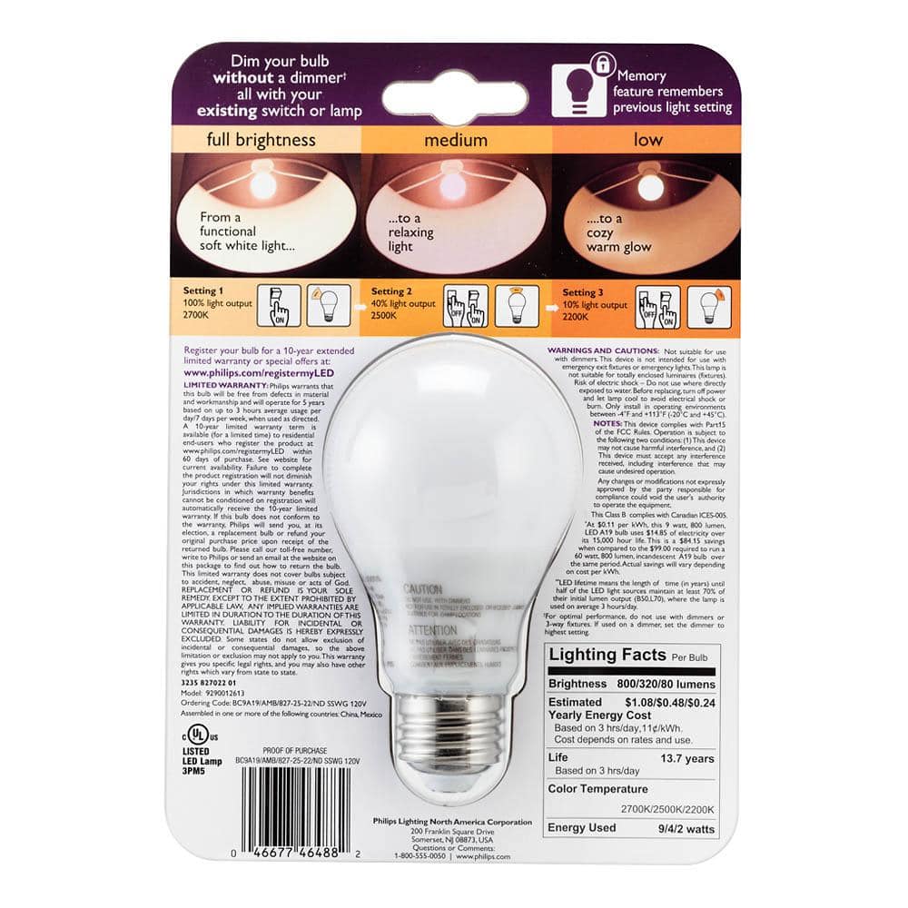 Philips 60-Watt Equivalent A19 SceneSwitch LED Light Bulb, Soft White 2700K / Amber 2500K / Warm Glow 2200K, 4-Pack - Image 8