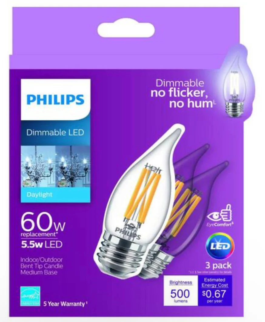 Philips 60-Watt Equivalent B11 Dimmable Edison LED Candle Bulb, Glass Bent Tip, E26 Medium Base, Daylight 5000K, 3-Pack - Image 7