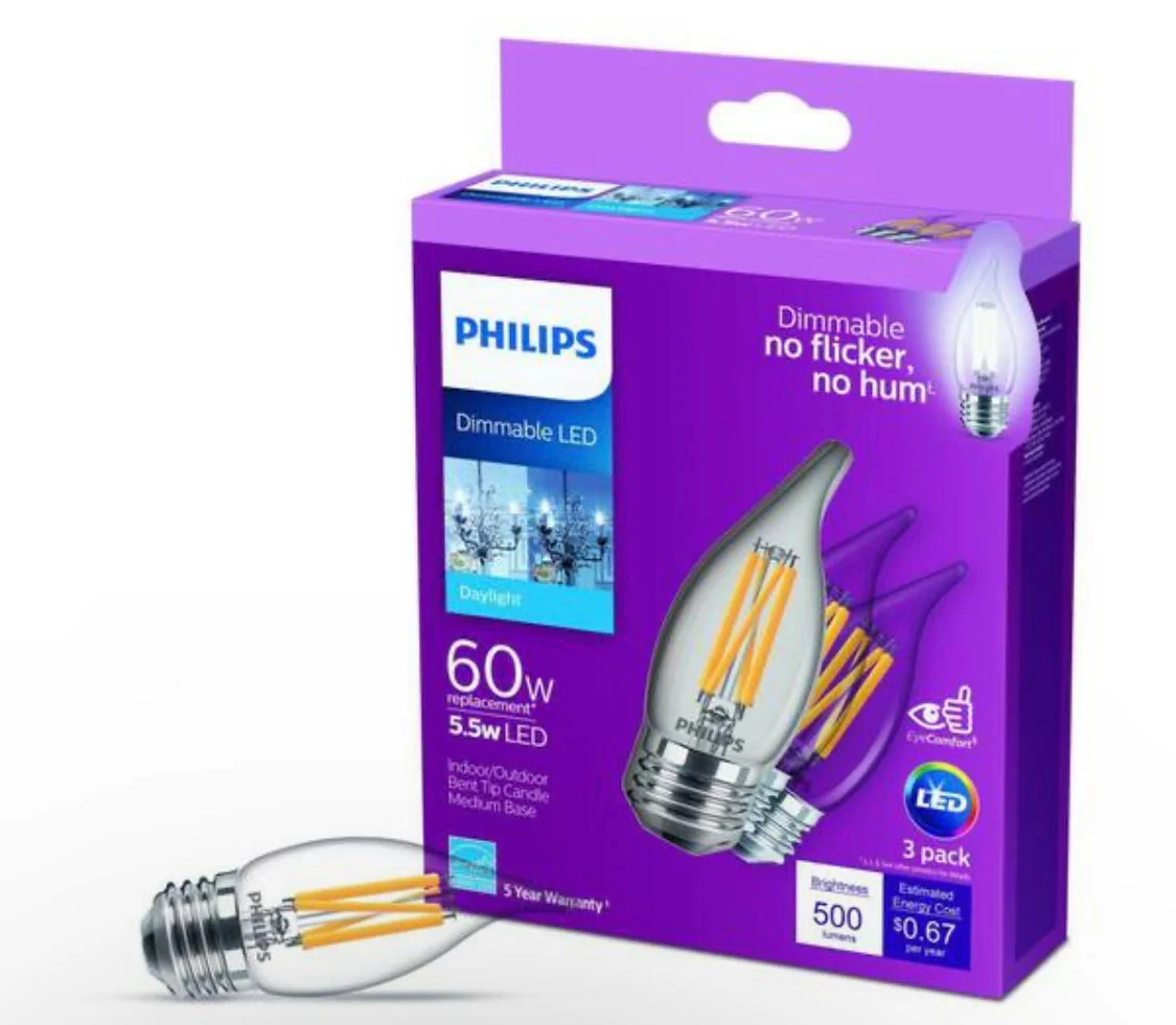 Philips 60-Watt Equivalent B11 Dimmable Edison LED Candle Bulb, Glass Bent Tip, E26 Medium Base, Daylight 5000K, 3-Pack - Image 8