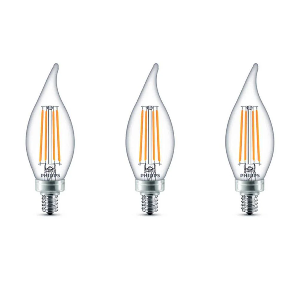 Philips 60-Watt Equivalent B11 Dimmable Edison LED Candle Light Bulb, Glass Bent Tip, Candelabra (E12) Base, Daylight 5000K, 3-Pack