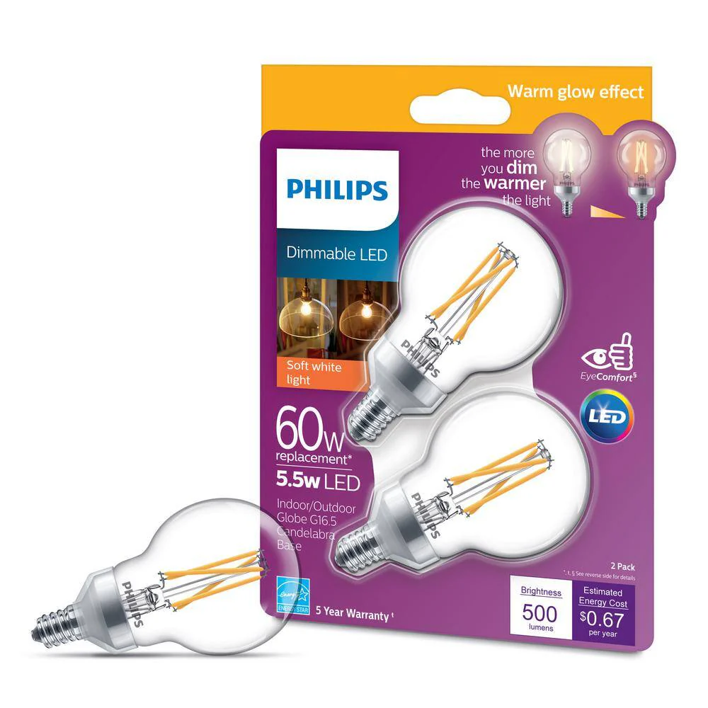 Philips 60-Watt Equivalent G16.5 Dimmable LED Candelabra Base Light Bulb with Warm Glow, Soft White (2-Pack) - Image 3