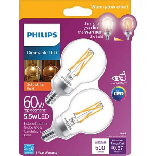 Philips 60-Watt Equivalent G16.5 Dimmable LED Candelabra Base Light Bulb with Warm Glow, Soft White (2-Pack) - Image 5