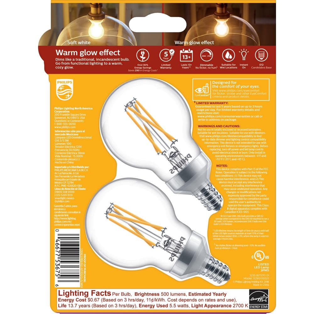 Philips 60-Watt Equivalent G16.5 Dimmable LED Light Bulb with Warm Glow Dimming Effect, Soft White (2-Pack) - Image 6