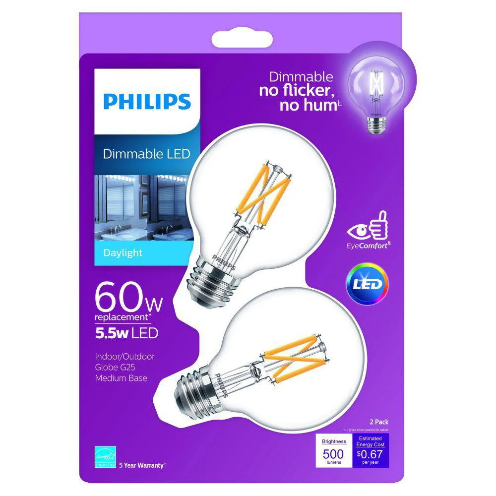 Philips 60-Watt Equivalent G25 Dimmable Daylight LED Light Bulb (2-Pack) - Image 6