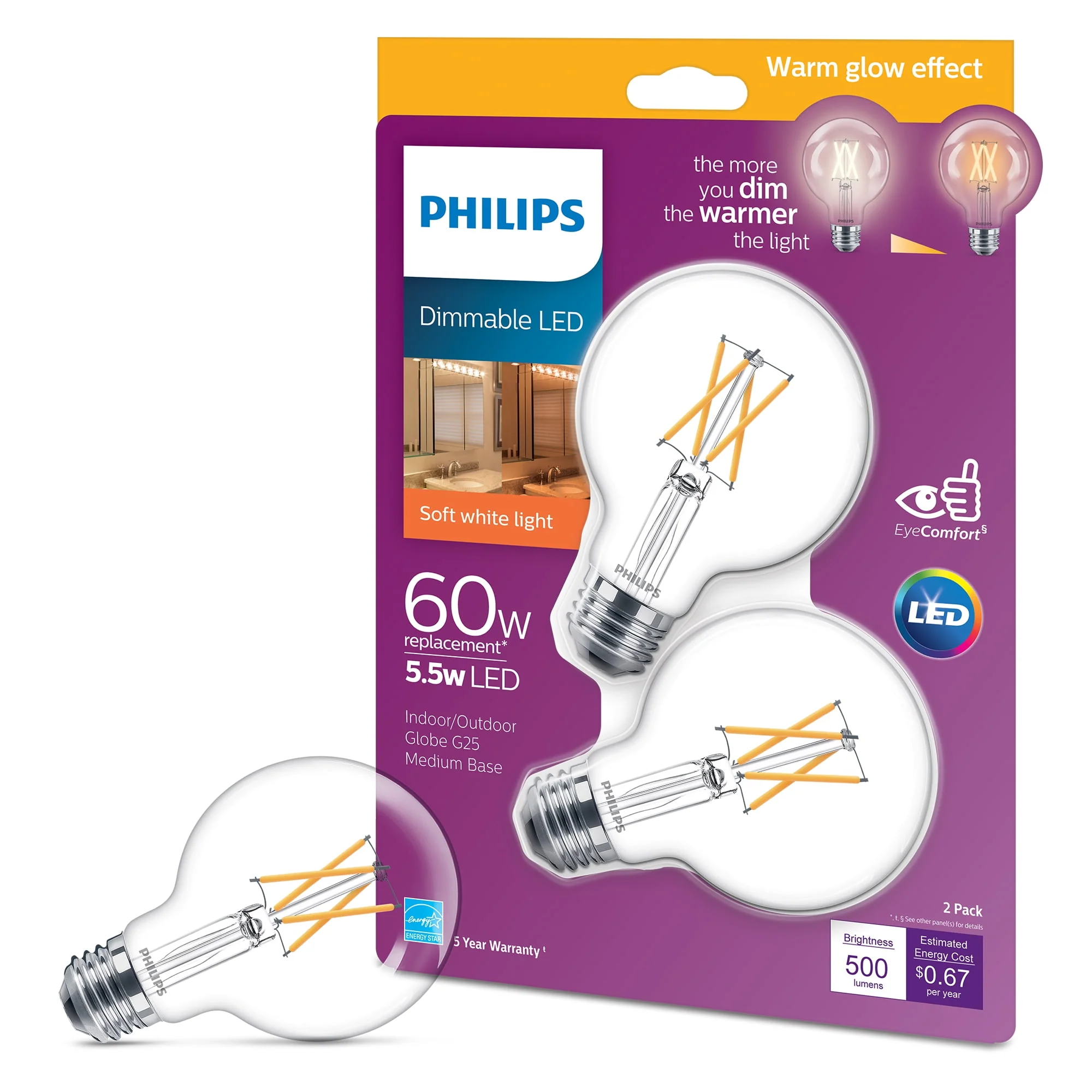 Philips 60-Watt Equivalent G25 Dimmable LED Indoor/Outdoor Globe Light Bulbs, Clear, Warm Glow Soft White (2200–2700K), Medium Base (E26), 2-Pack - Image 2