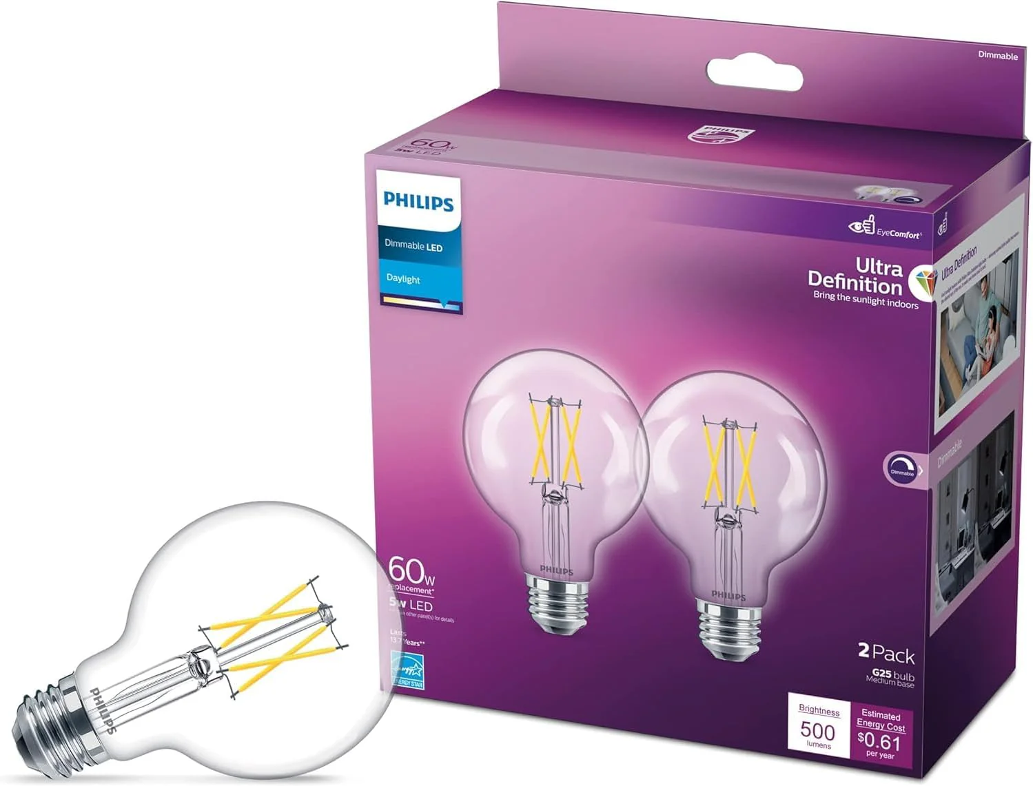 Philips 60-Watt Equivalent G25 Dimmable LED Light Bulb, Frosted Daylight, 500 Lumens, CRI 95 (8-Pack) - Image 2