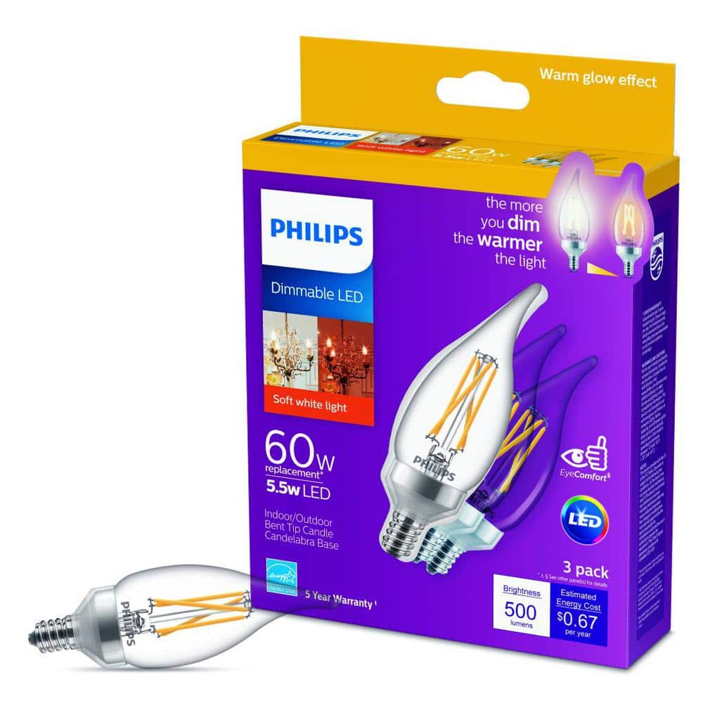 Philips 60-Watt Equivalent Soft White B11/BA11 Bent Tip LED Candle Bulb, Dimmable Warm Glow, 500 Lumens, 2700K, E12 Candelabra Base (3-Pack) - Image 7