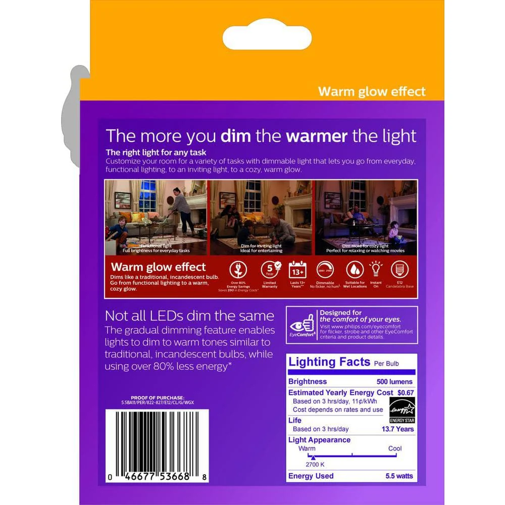 Philips 60-Watt Equivalent Soft White B11/BA11 Bent Tip LED Candle Bulb, Dimmable Warm Glow, 500 Lumens, 2700K, E12 Candelabra Base (3-Pack) - Image 8