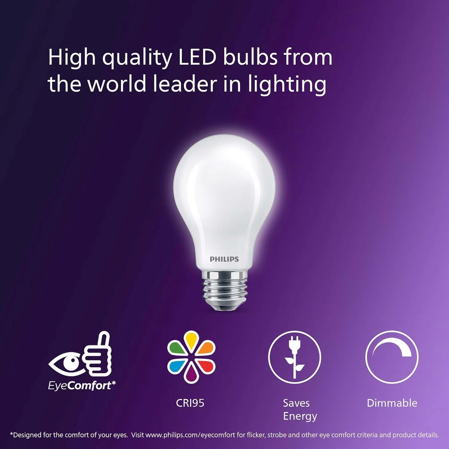 Philips 60W Equivalent A19 LED Bulb, Dimmable, High CRI 90+, Soft White 2700K, 800 Lumens, Medium Base (E26), 4-Pack - Image 3