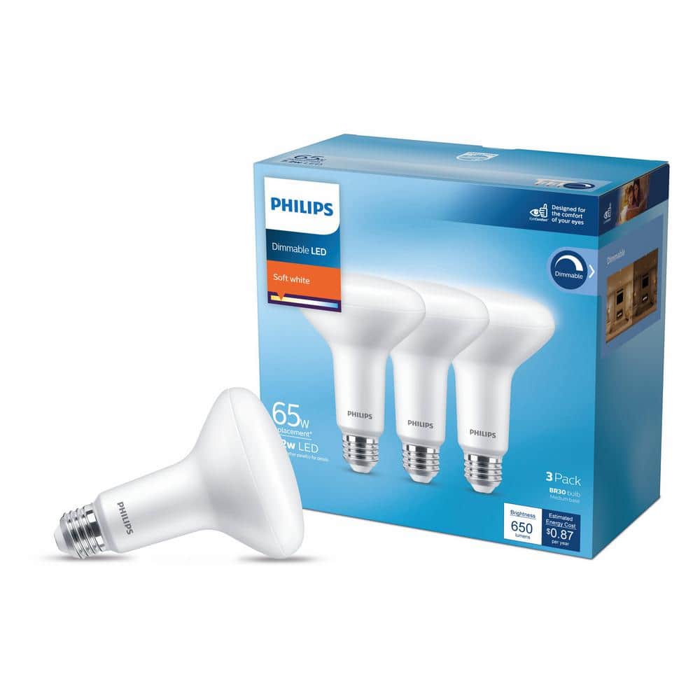Philips 65-Watt Equivalent BR30 Dimmable LED Flood Light Bulbs, Soft White 2700K (3-Pack) - Image 3