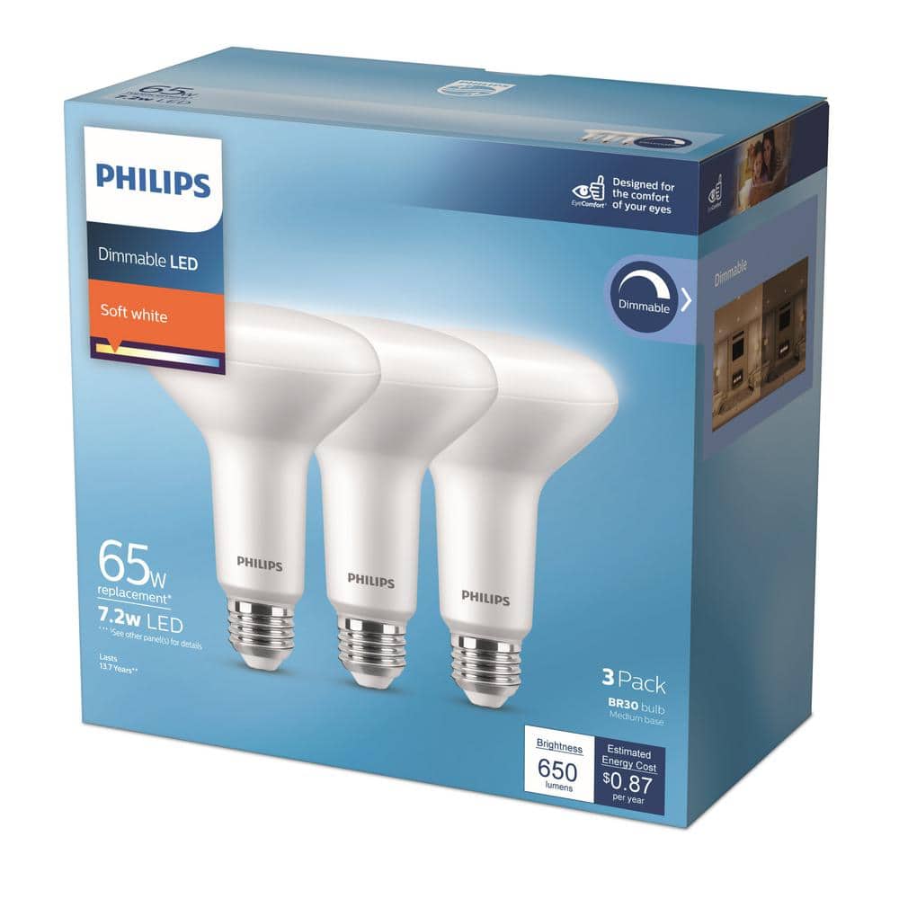 Philips 65-Watt Equivalent Warm Glow BR30 Dimmable LED Light Bulbs, Soft White 2700K, ENERGY STAR, E26 Base (3-Pack) - Image 4
