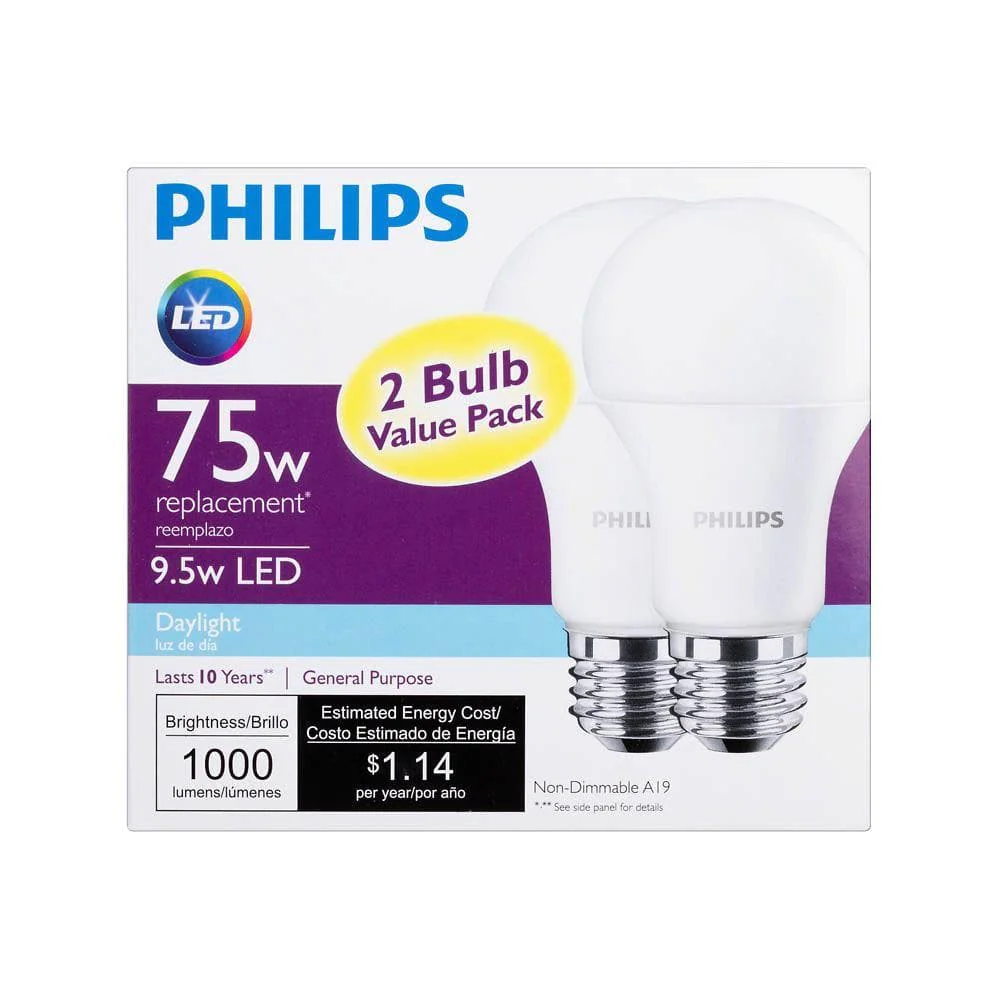 Philips 75-Watt Equivalent A19 Non-Dimmable Energy Saving LED Light Bulb, Daylight 5000K (2-Pack) - Image 6