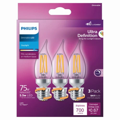 Philips 75-Watt Equivalent BA11 Dimmable Edison Glass LED Candle Light Bulb, Bent Tip, Candelabra Base, Daylight 5000K (3-Pack)