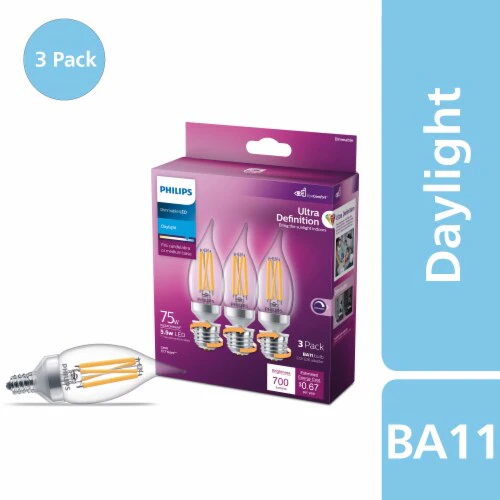 Philips 75-Watt Equivalent BA11 Dimmable Edison Glass LED Candle Light Bulb, Bent Tip, Candelabra Base, Daylight 5000K (3-Pack) - Image 2