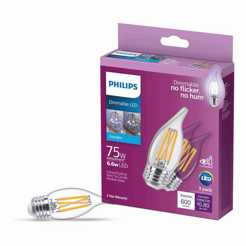 Philips 75-Watt Equivalent BA11 Dimmable Edison Glass LED Candle Light Bulb, Bent Tip, Medium Base, Daylight 5000K (6-Pack) - Image 4