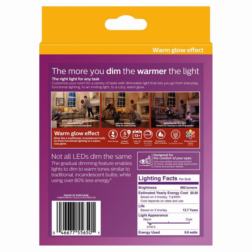 Philips 75-Watt Equivalent BA11 Dimmable Warm Glow LED Candle Bulbs, Bent Tip, E12, Soft White 2700K (12-Pack) - Image 8