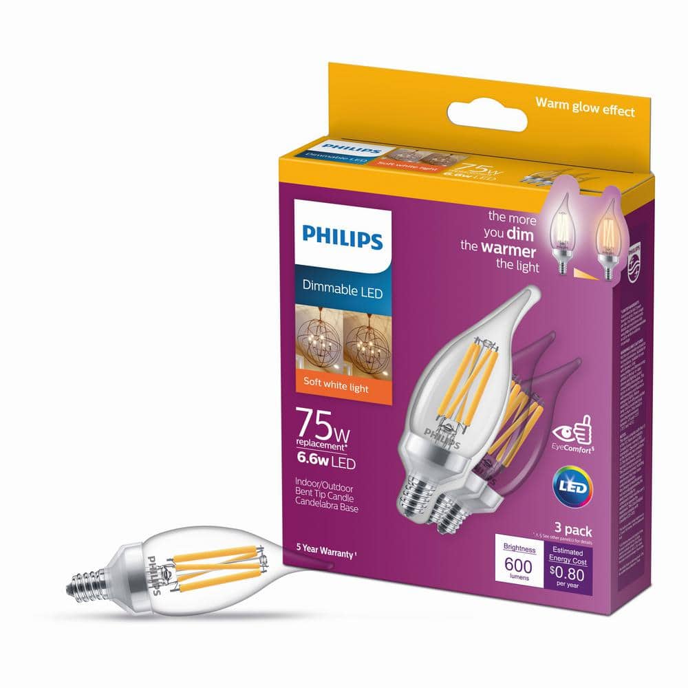 Philips 75-Watt Equivalent BA11 Dimmable Warm Glow LED Candle Light Bulbs, Bent Tip, E12 Base, Soft White 2700K (3-Pack) - Image 6