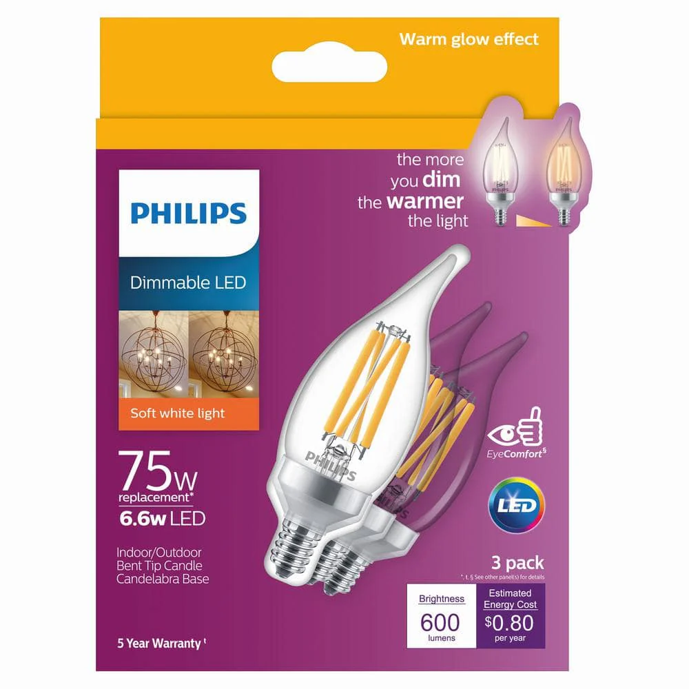 Philips 75-Watt Equivalent BA11 Dimmable Warm Glow LED Candle Light Bulbs, Bent Tip, E12 Base, Soft White 2700K (3-Pack) - Image 7