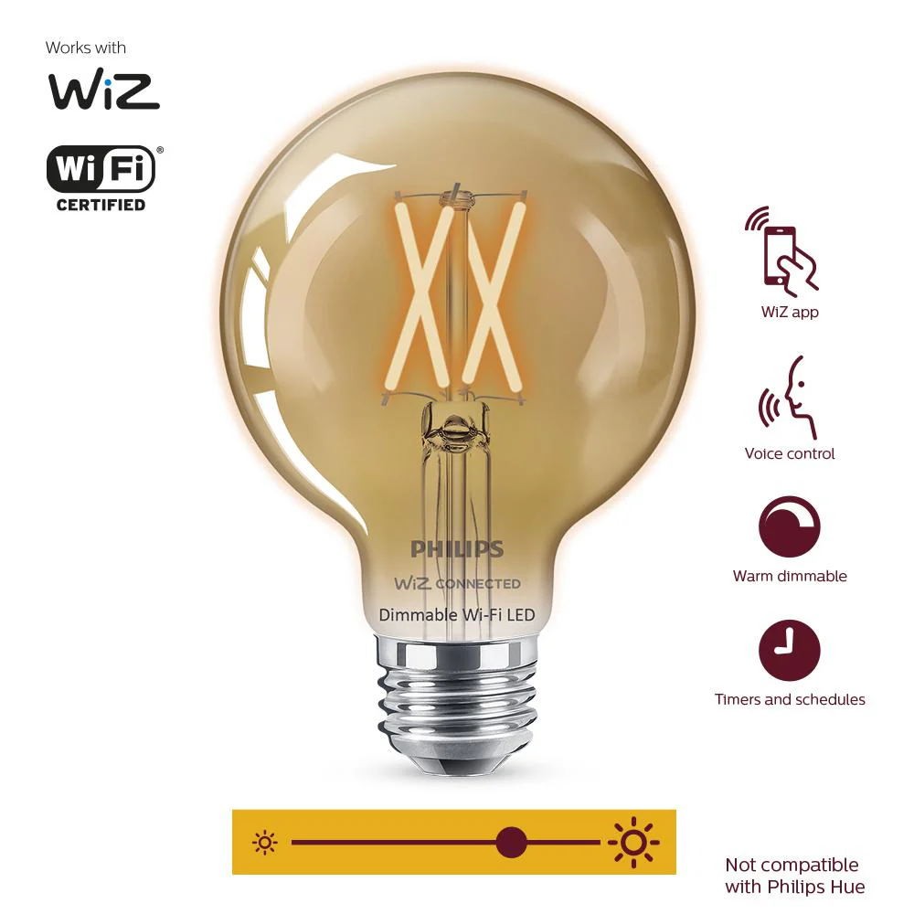 Philips Amber G25 LED 40-Watt Equivalent Dimmable Smart Wi‑Fi WiZ Connected Wireless Light Bulb (4‑Pack) - Image 3