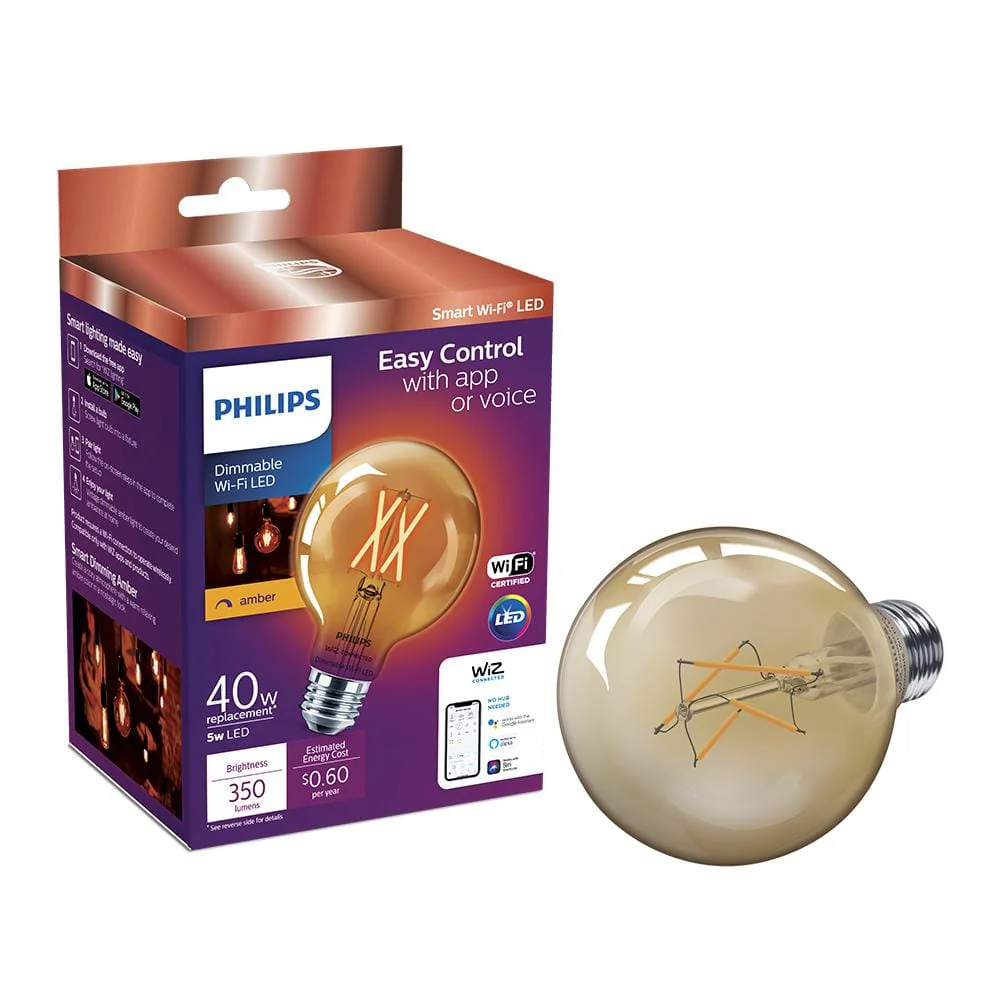 Philips Amber G25 LED 40W Equivalent Dimmable Smart Wi‑Fi WiZ Connected Light Bulb (G25, E26 Base)