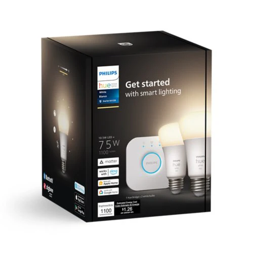 Philips Hue White A19 Smart LED Starter Kit, 60-Watt Equivalent, Dimmable Soft White, E26 Base (2 Bulbs + Hue Bridge) - Image 5