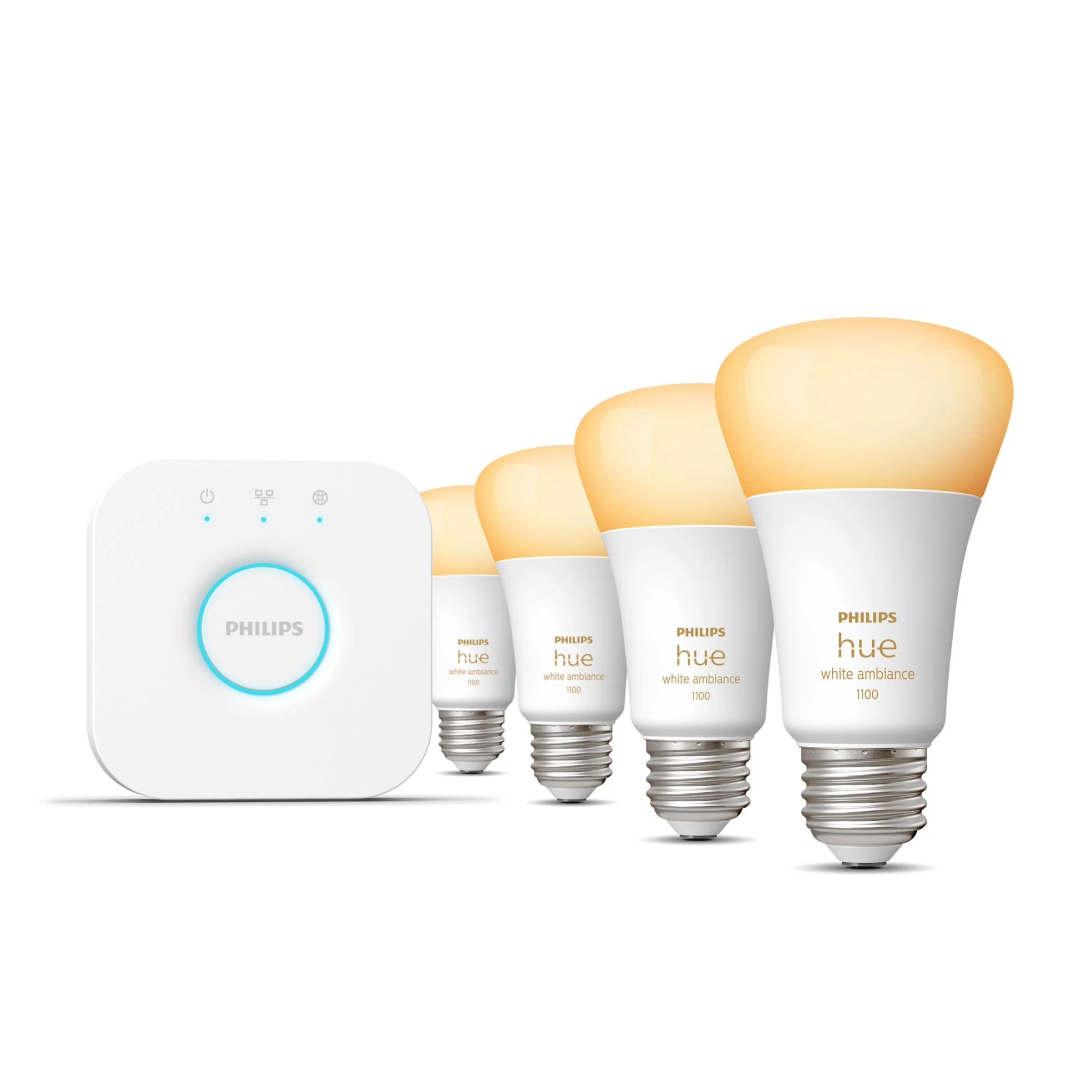 Philips Hue White Ambiance A19 LED 60W Equivalent Dimmable Smart Lighting Starter Kit with Bridge (4 Bulbs, E26)