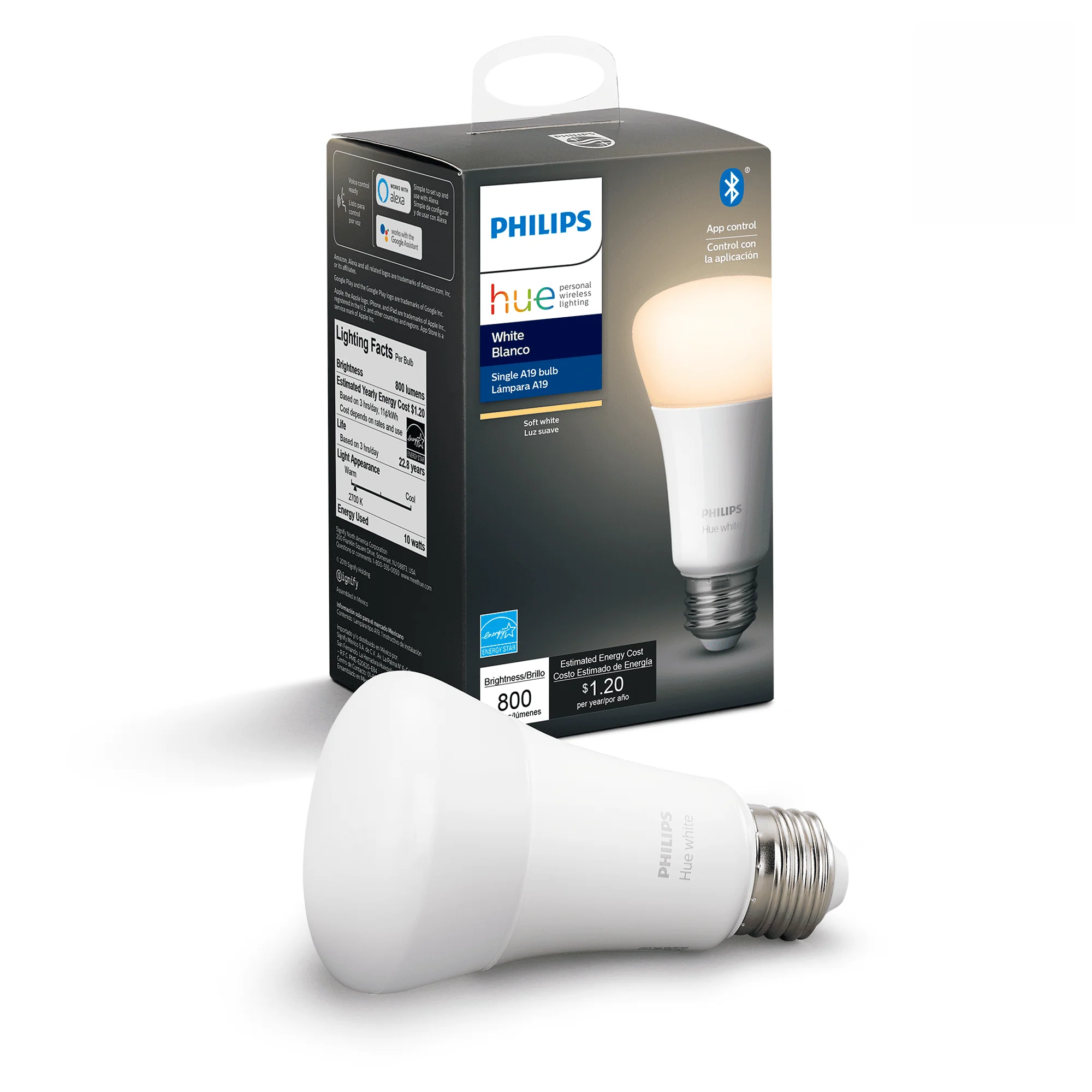 Philips Hue White Ambiance A19 LED Bulb, 60W Equivalent, Dimmable Smart Wireless, E26 Base, 800 Lumens