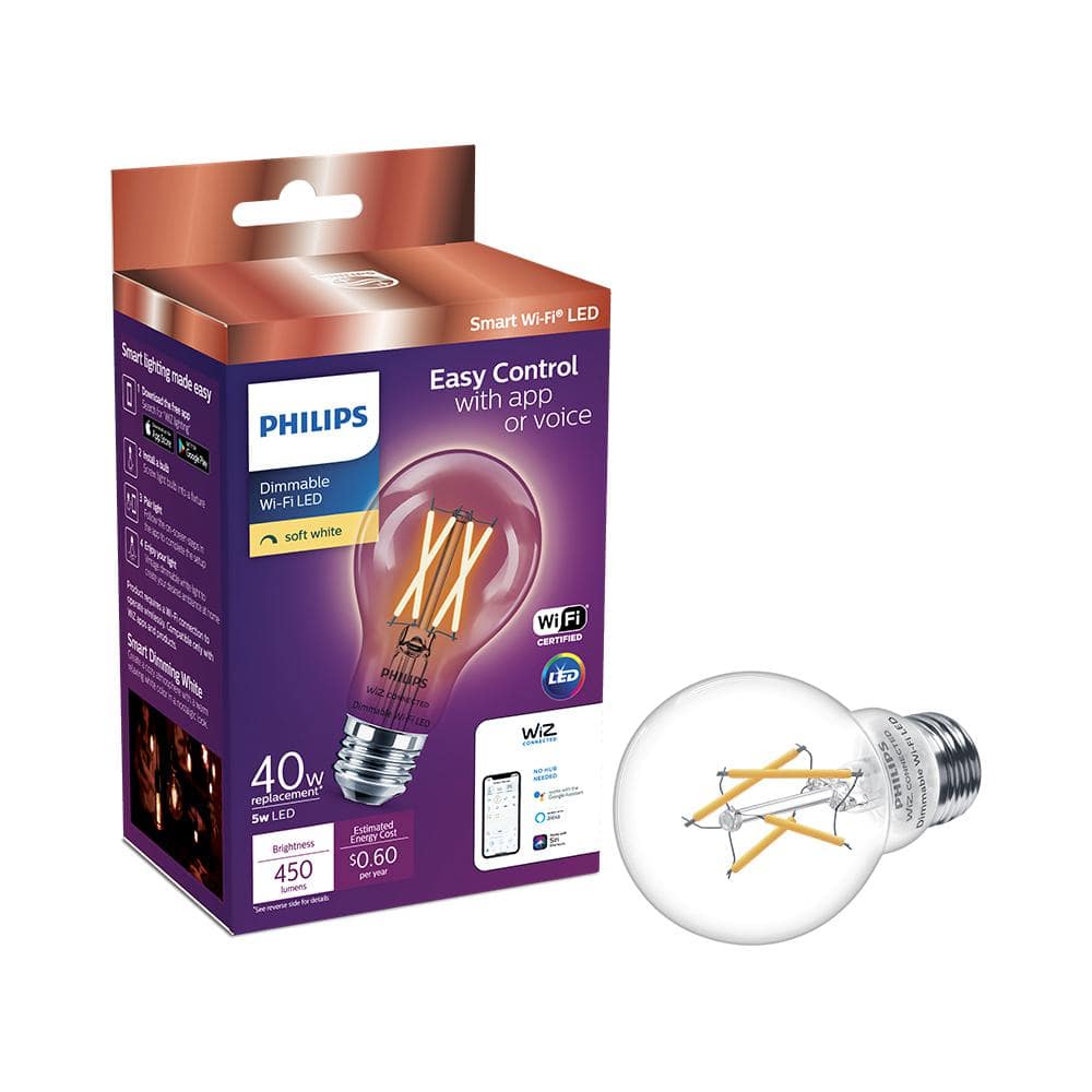 Philips Soft White A19 LED 40W Equivalent Dimmable Smart Wi‑Fi WiZ Connected Wireless Light Bulb, 1-Pack