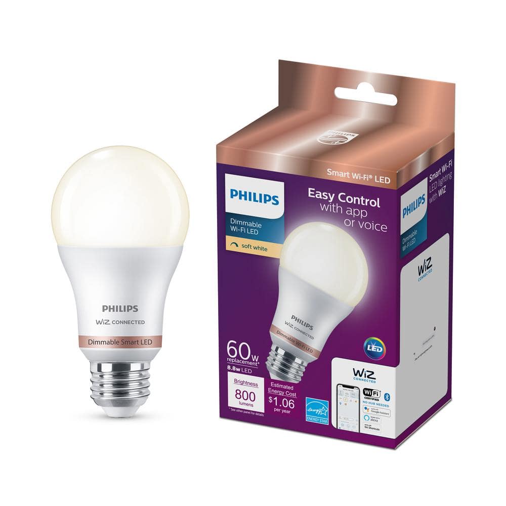 Philips Soft White A19 LED 60-Watt Equivalent Dimmable Smart Wi‑Fi WiZ Connected Light Bulbs (4‑Pack)