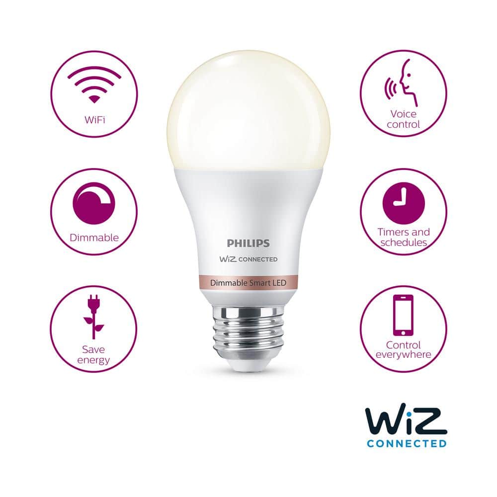 Philips Soft White A19 LED 60-Watt Equivalent Dimmable Smart Wi‑Fi WiZ Connected Wireless Light Bulb (2‑Pack) - Image 3