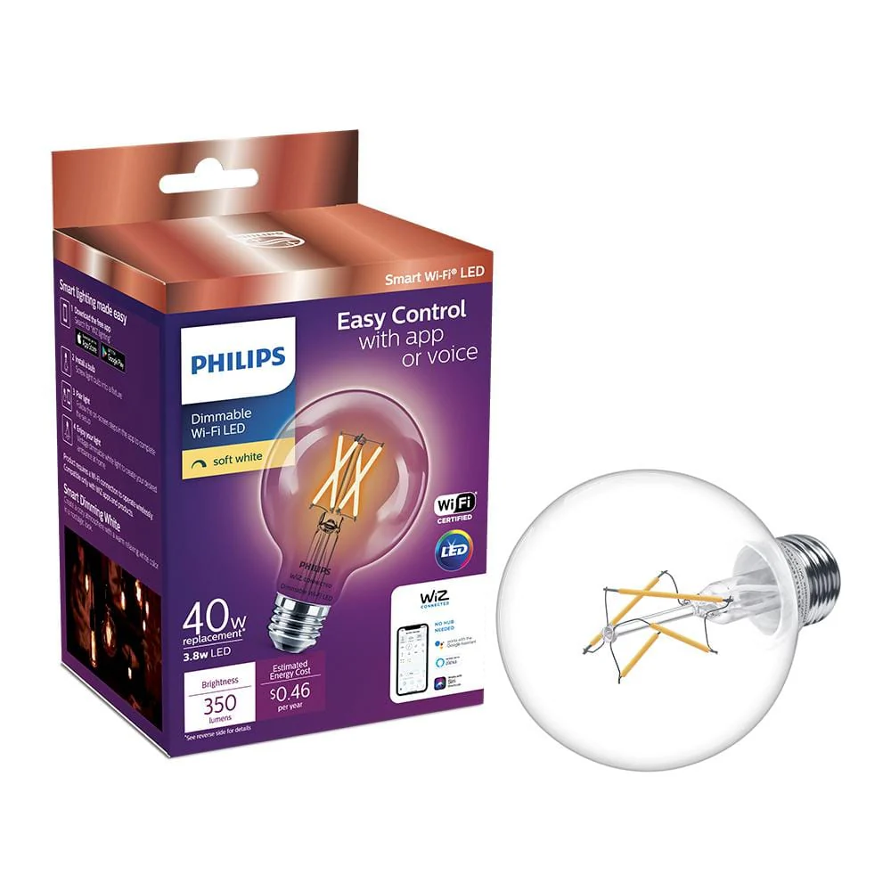 Philips Soft White G25 LED 40-Watt Equivalent Dimmable Smart Wi‑Fi WiZ Connected Wireless Light Bulb (4‑Pack)