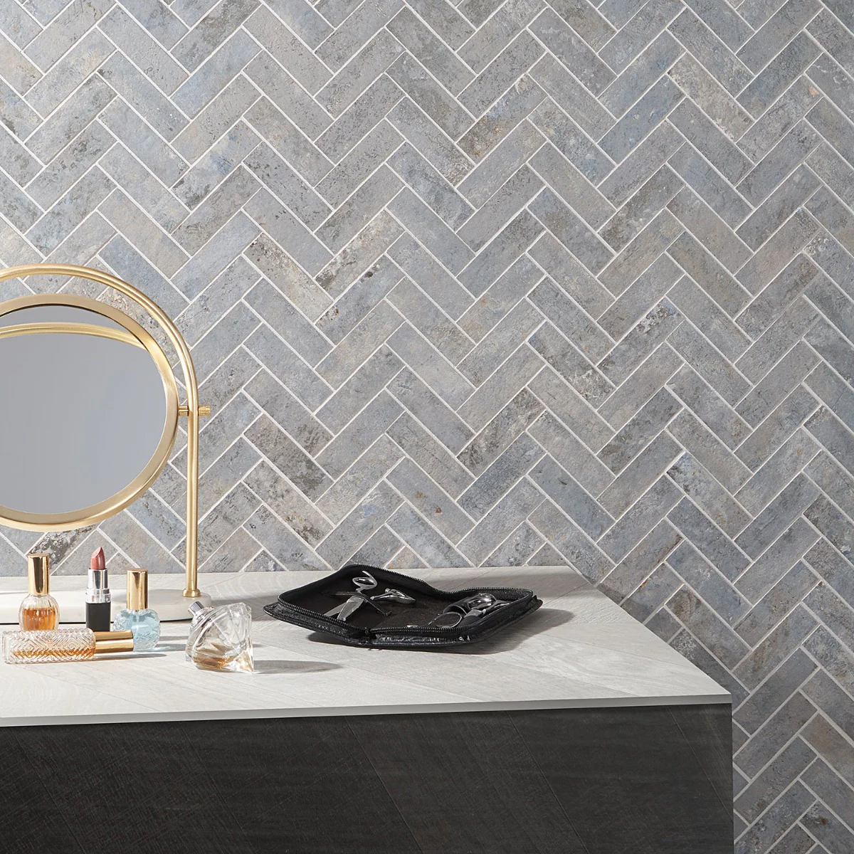 Portrait Ocean Blue 1x4 Herringbone Matte Porcelain Mosaic Tile by Lux Tile - Image 5