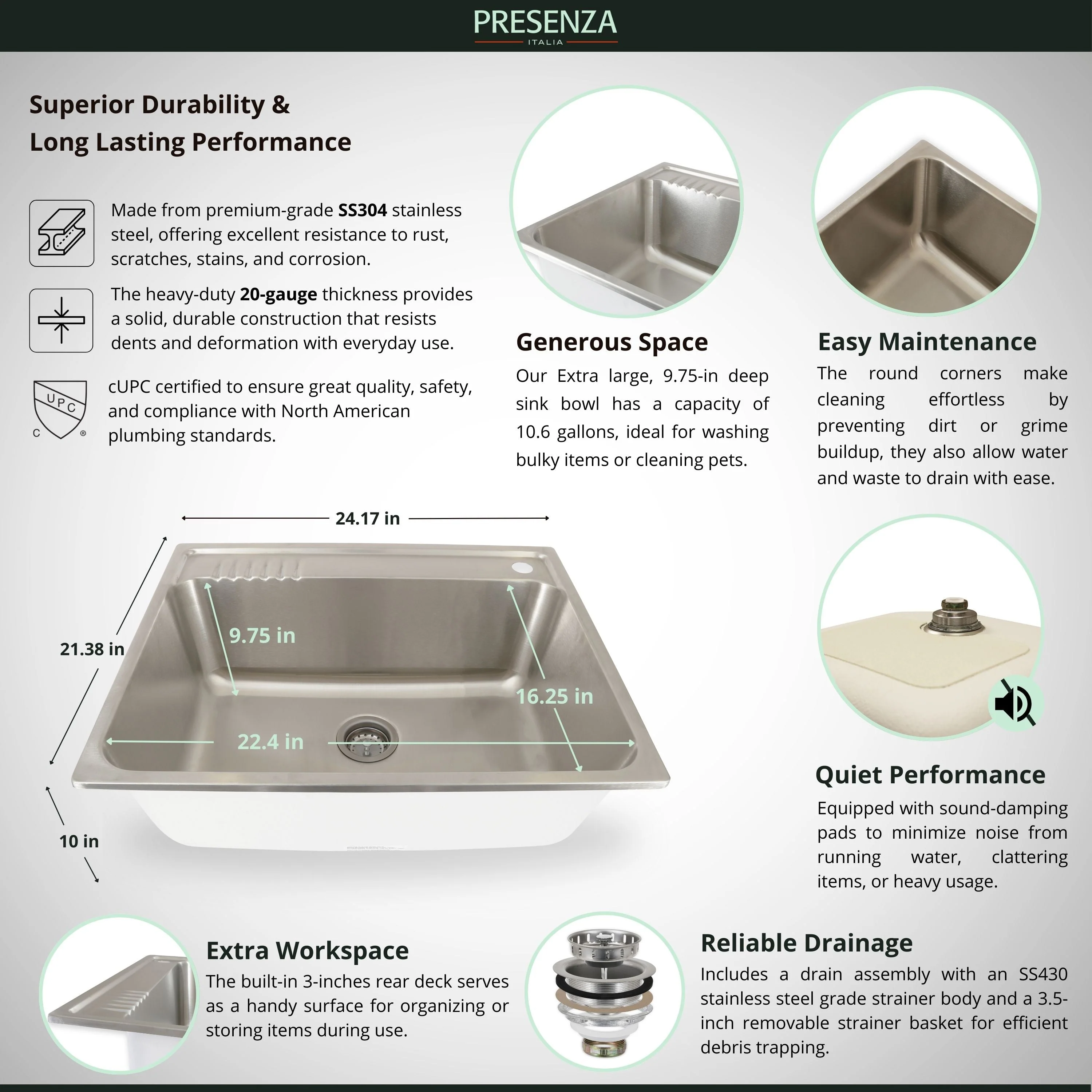 Presenza 24.1-in Brushed Steel Drop-In Utility Tub with Faucet - Image 10