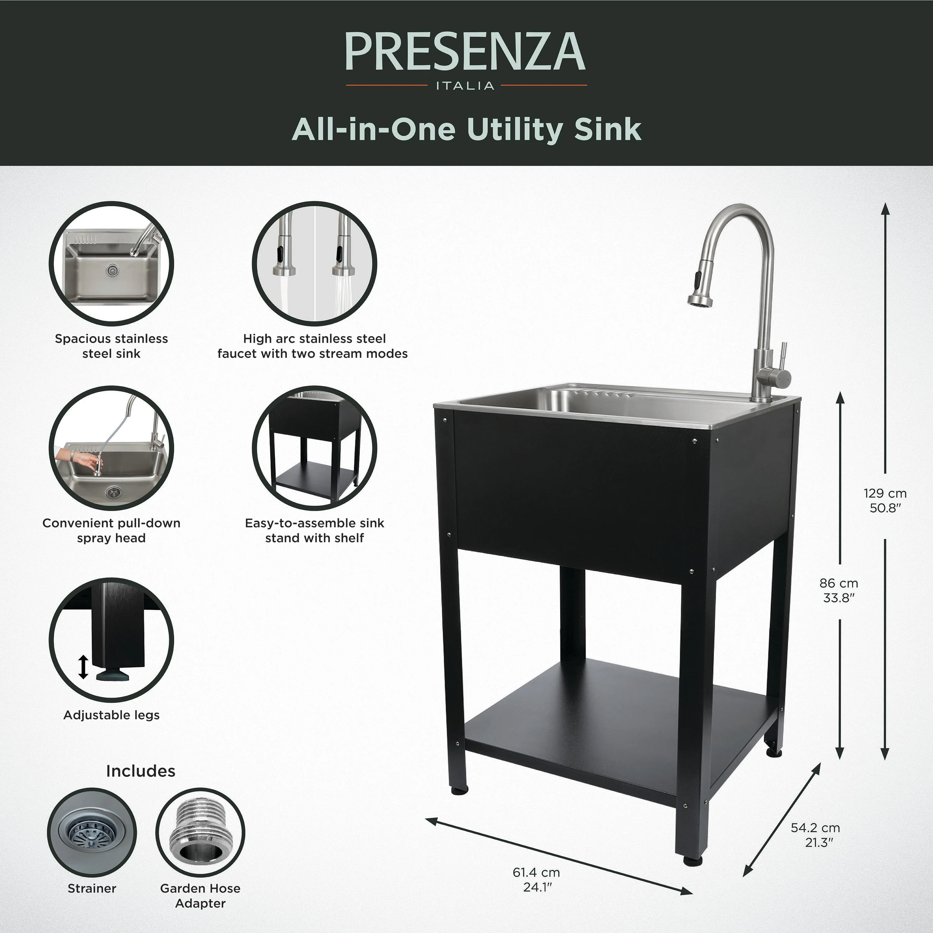Presenza 24.1-in Brushed Steel Drop-In Utility Tub with Faucet - Image 9