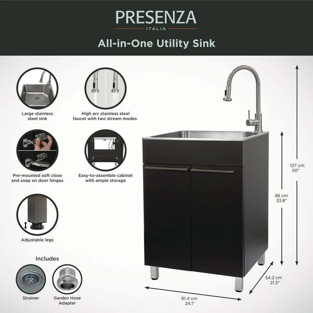 Presenza 24 in. Stainless Steel Drop-In Sink and Cabinet with Black Faucet - Image 7