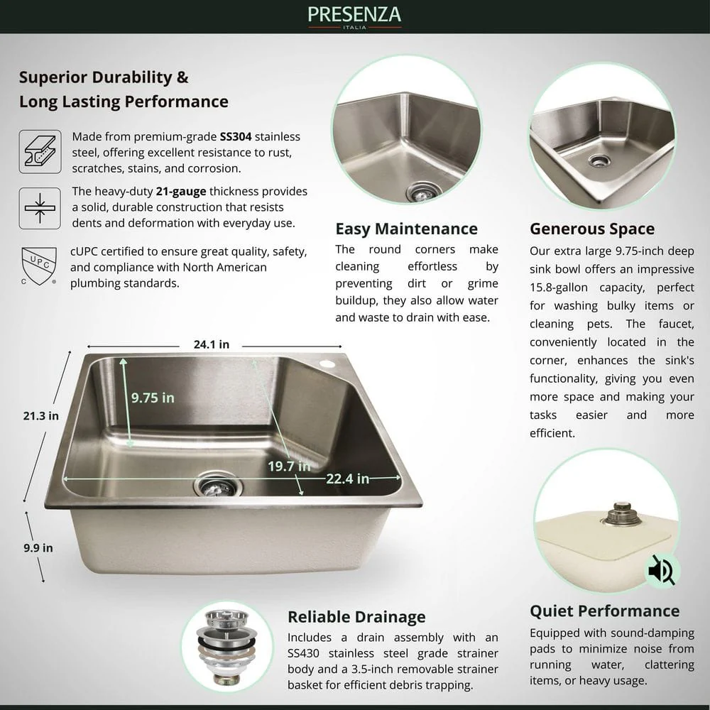 Presenza 24 in. Stainless Steel Drop-In Sink and Cabinet with Black Faucet - Image 8