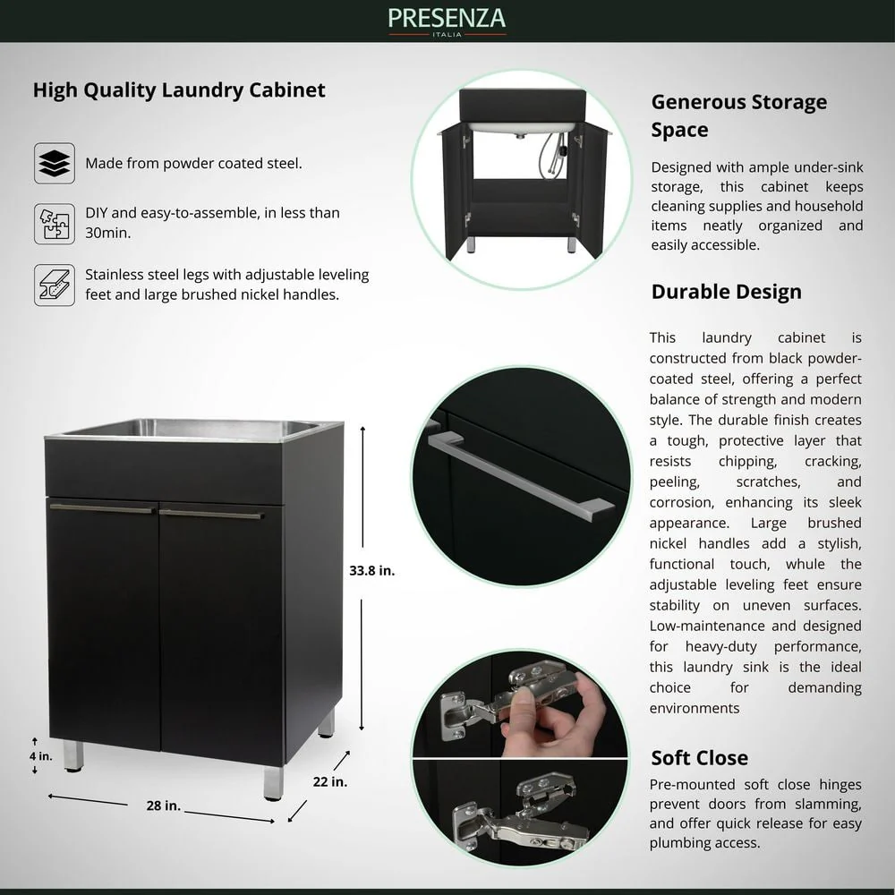 Presenza 24 in. Stainless Steel Drop-In Sink and Cabinet with Black Faucet - Image 9