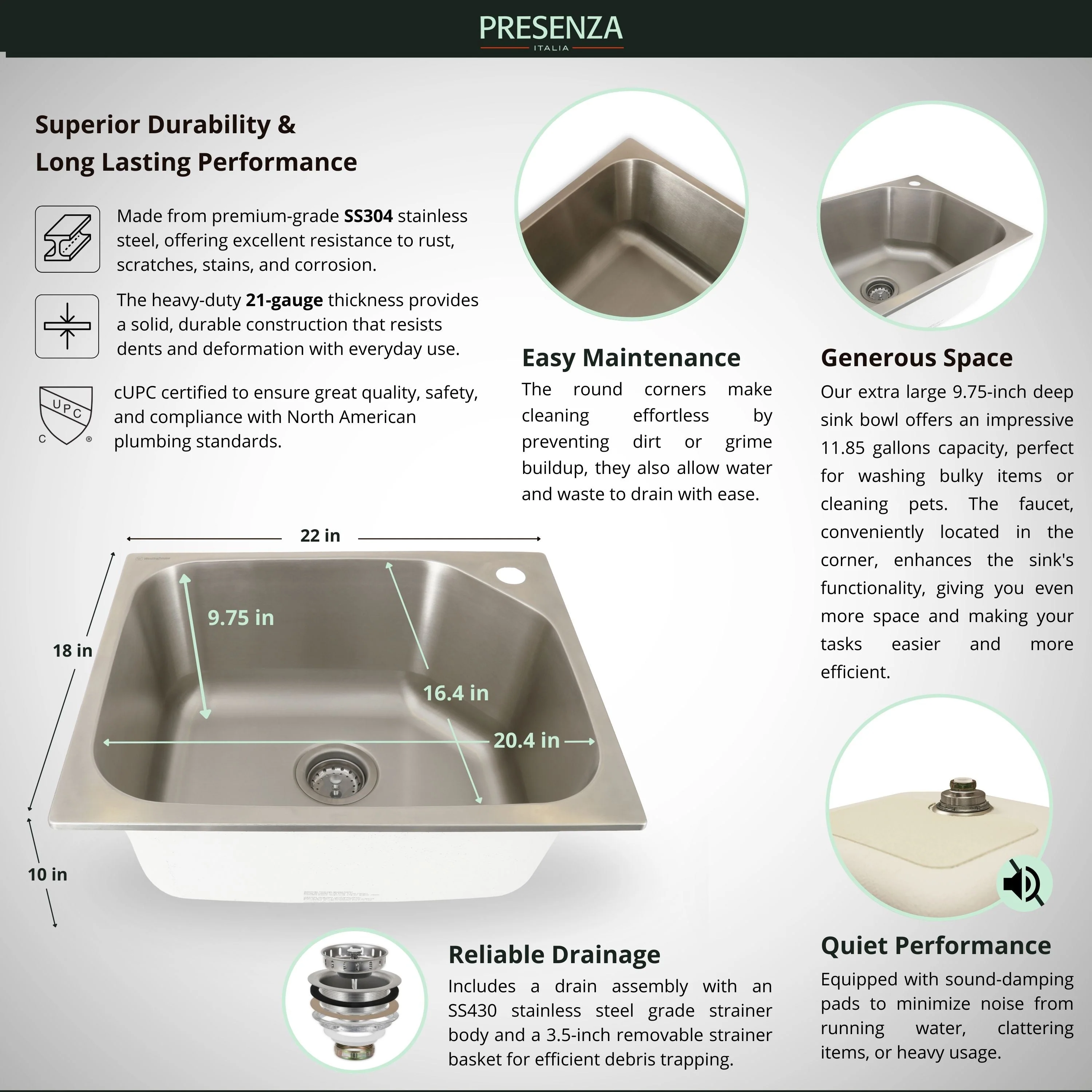 Presenza Brushed Steel Utility Tub with Faucet and Cabinet - Image 11