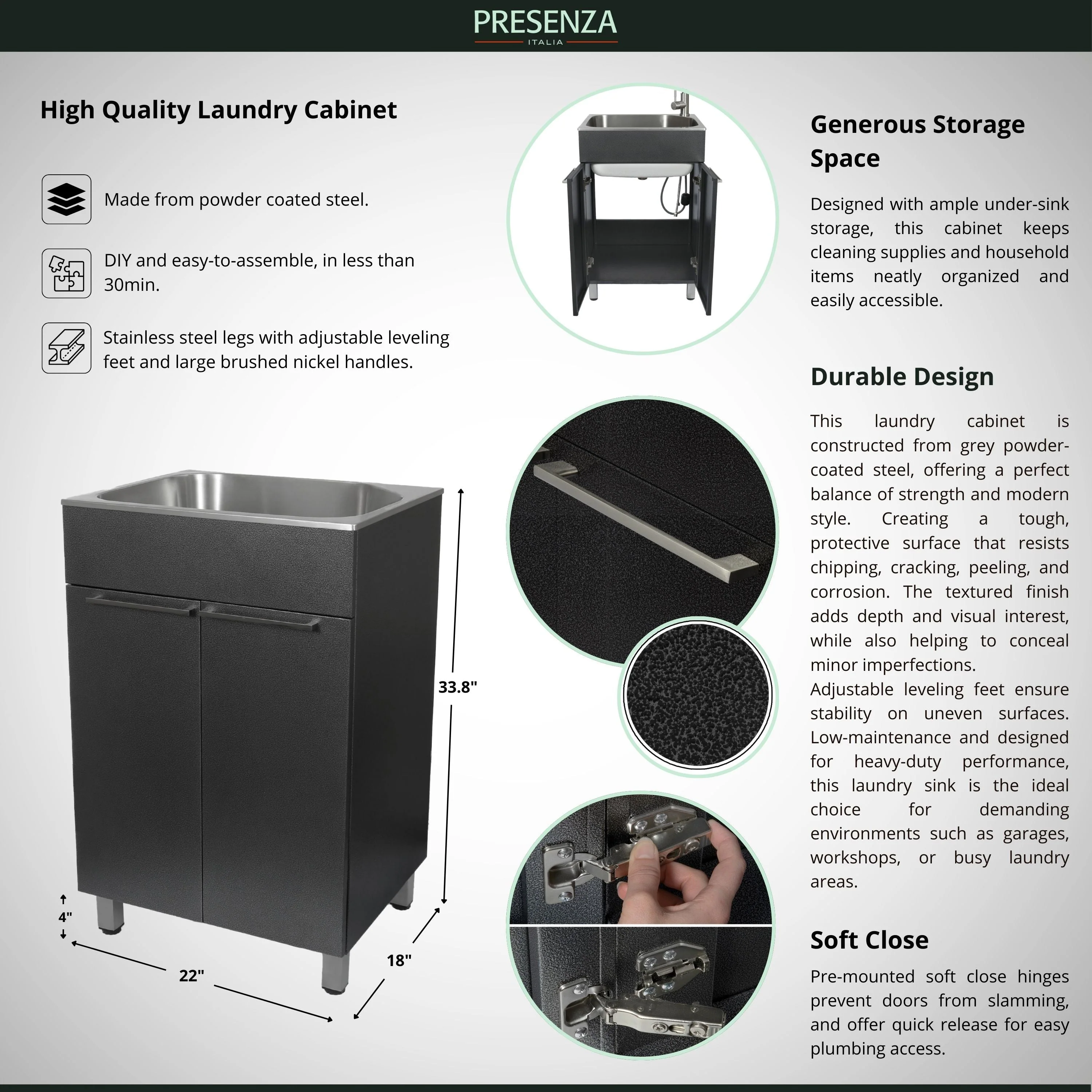 Presenza Brushed Steel Utility Tub with Faucet and Cabinet - Image 12