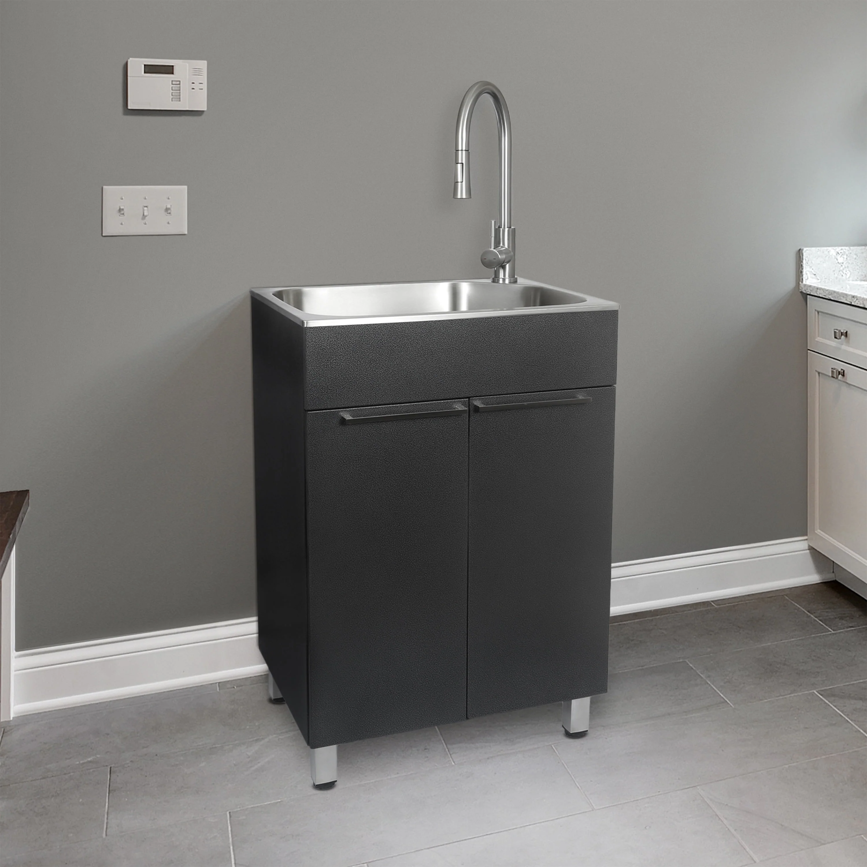 Presenza Brushed Steel Utility Tub with Faucet and Cabinet - Image 9