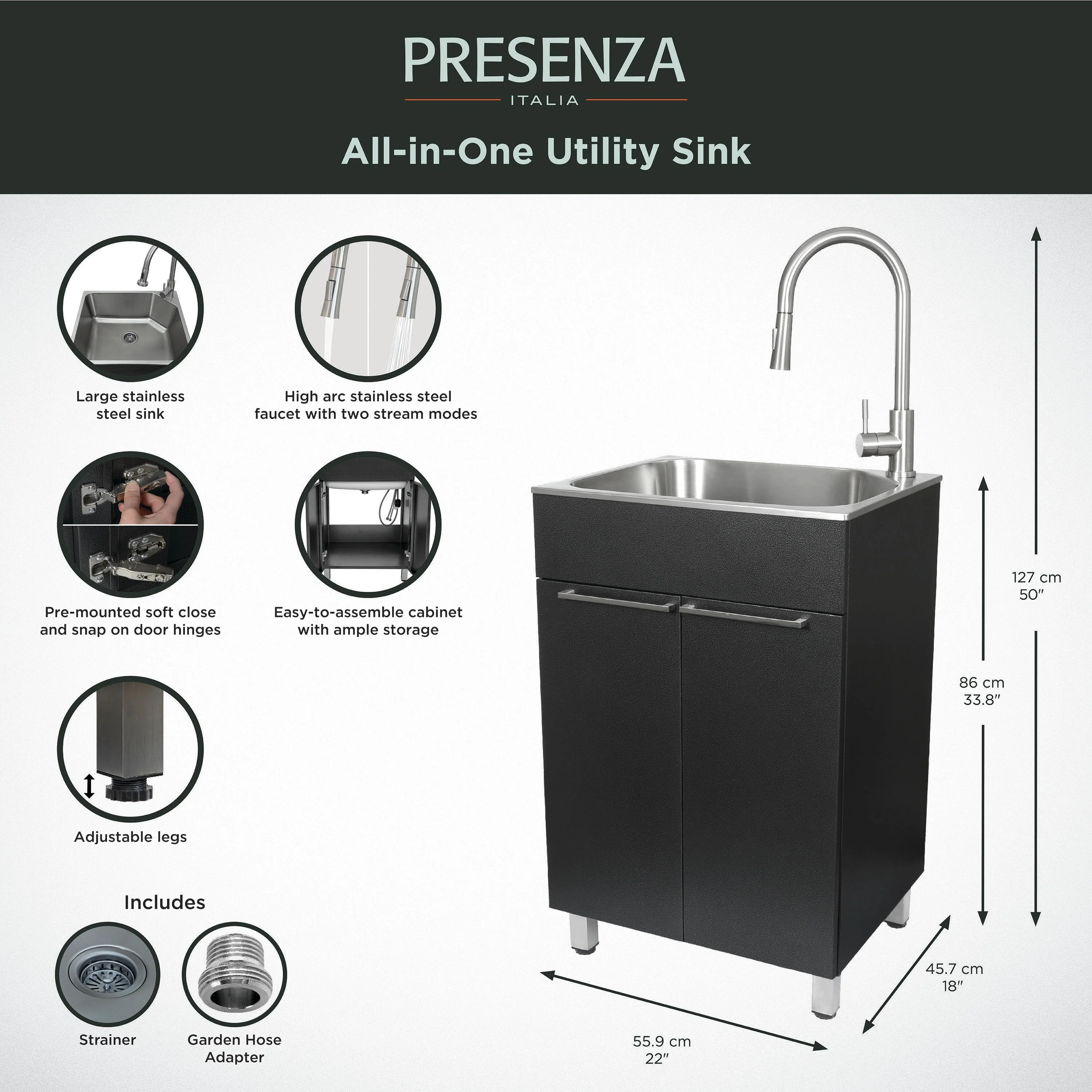 Presenza Brushed Steel Drop-In Utility Tub with Faucet - Image 10
