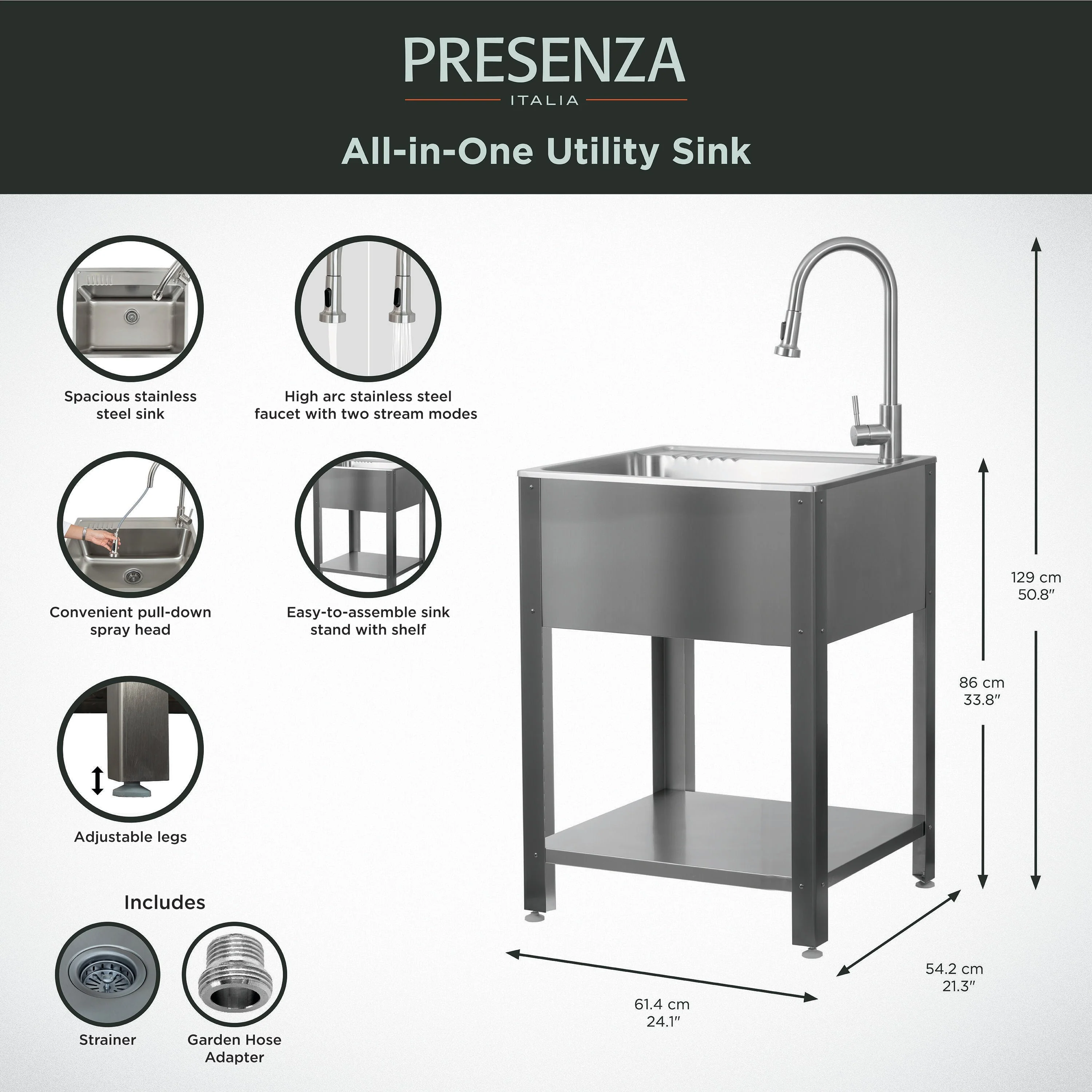 Presenza Brushed Steel Drop-In Utility Tub with Faucet - Image 10