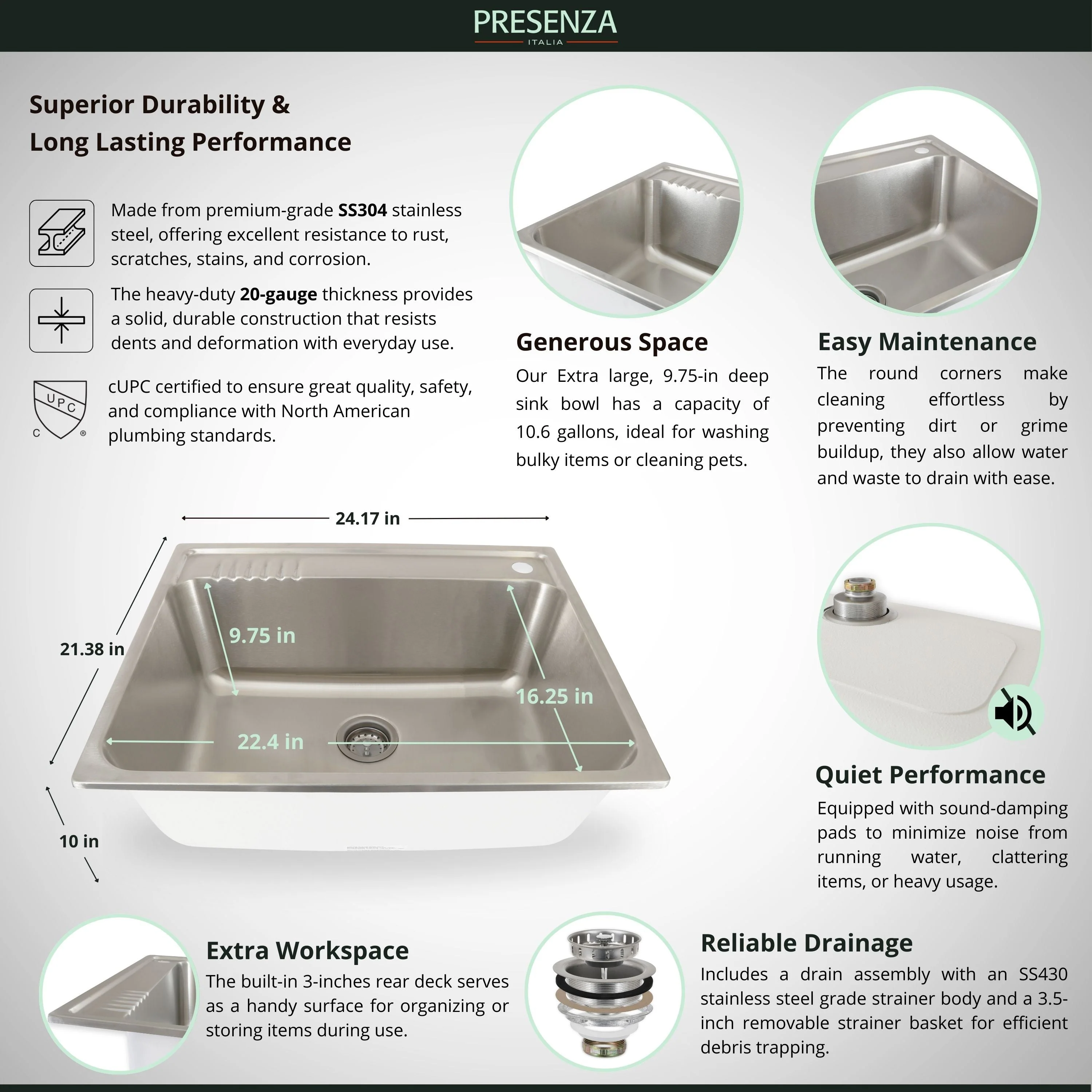 Presenza Brushed Steel Drop-In Utility Tub with Faucet - Image 11