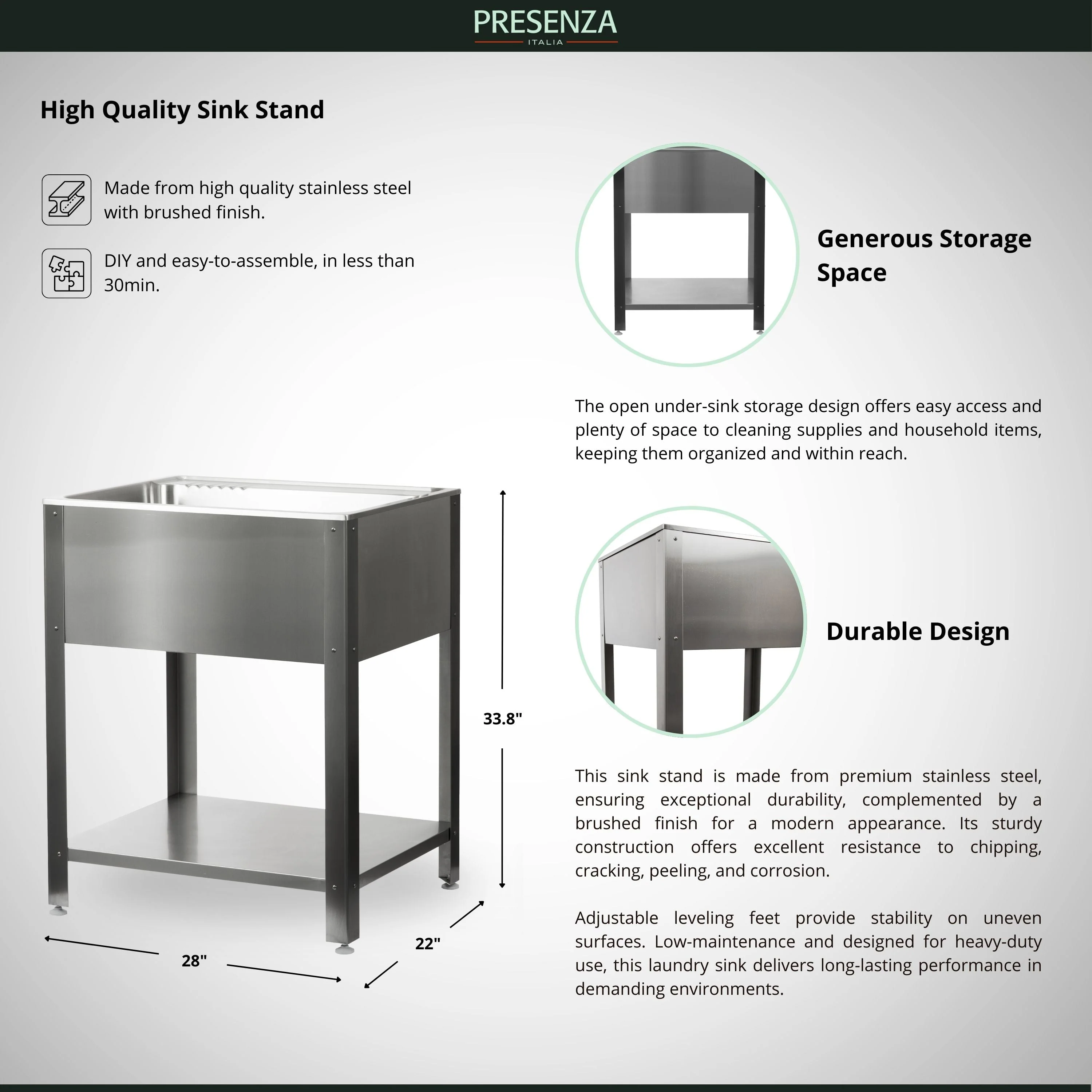 Presenza Brushed Steel Drop-In Utility Tub with Faucet - Image 12