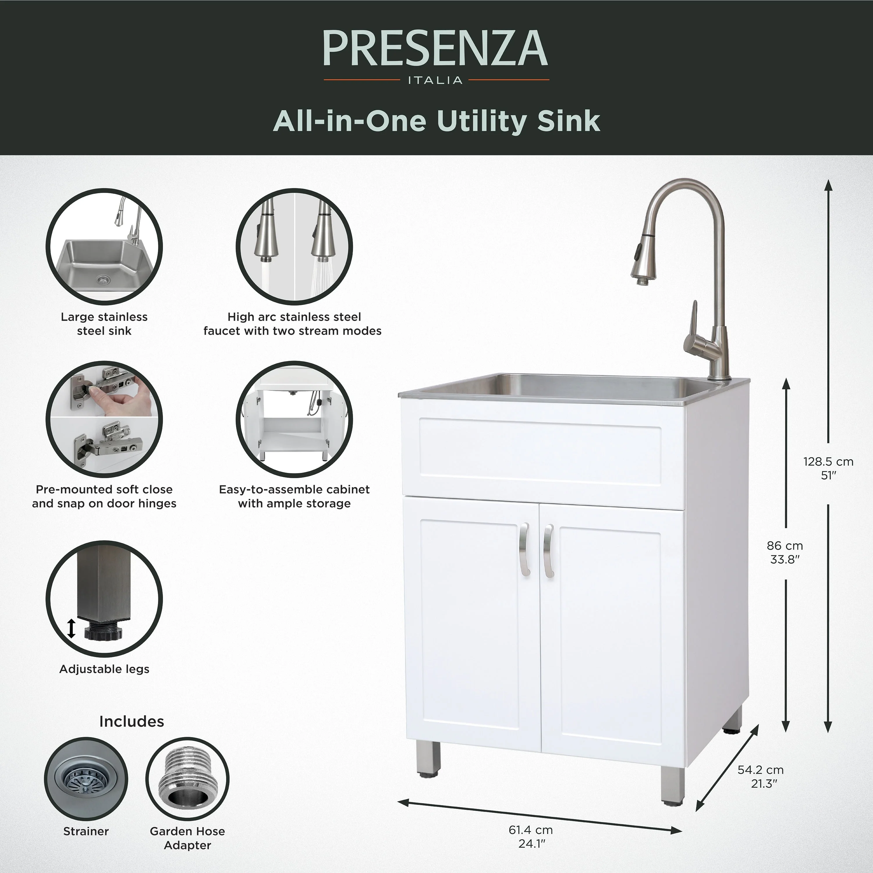 Presenza Brushed Steel Utility Tub with Faucet - 24.1-in x 21.3-in - Image 9