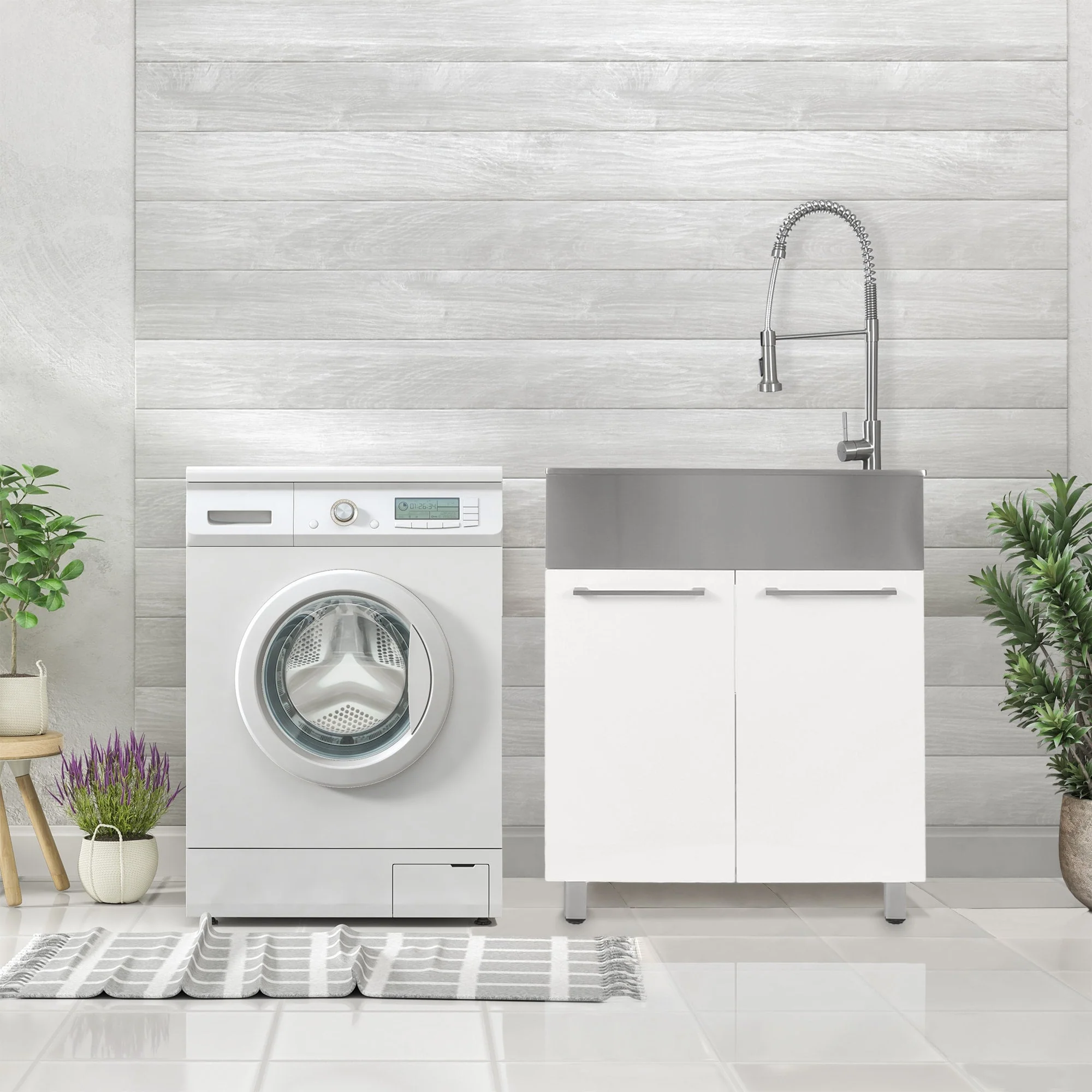 Presenza Brushed Steel Utility Tub with Faucet and Cabinet - Image 11