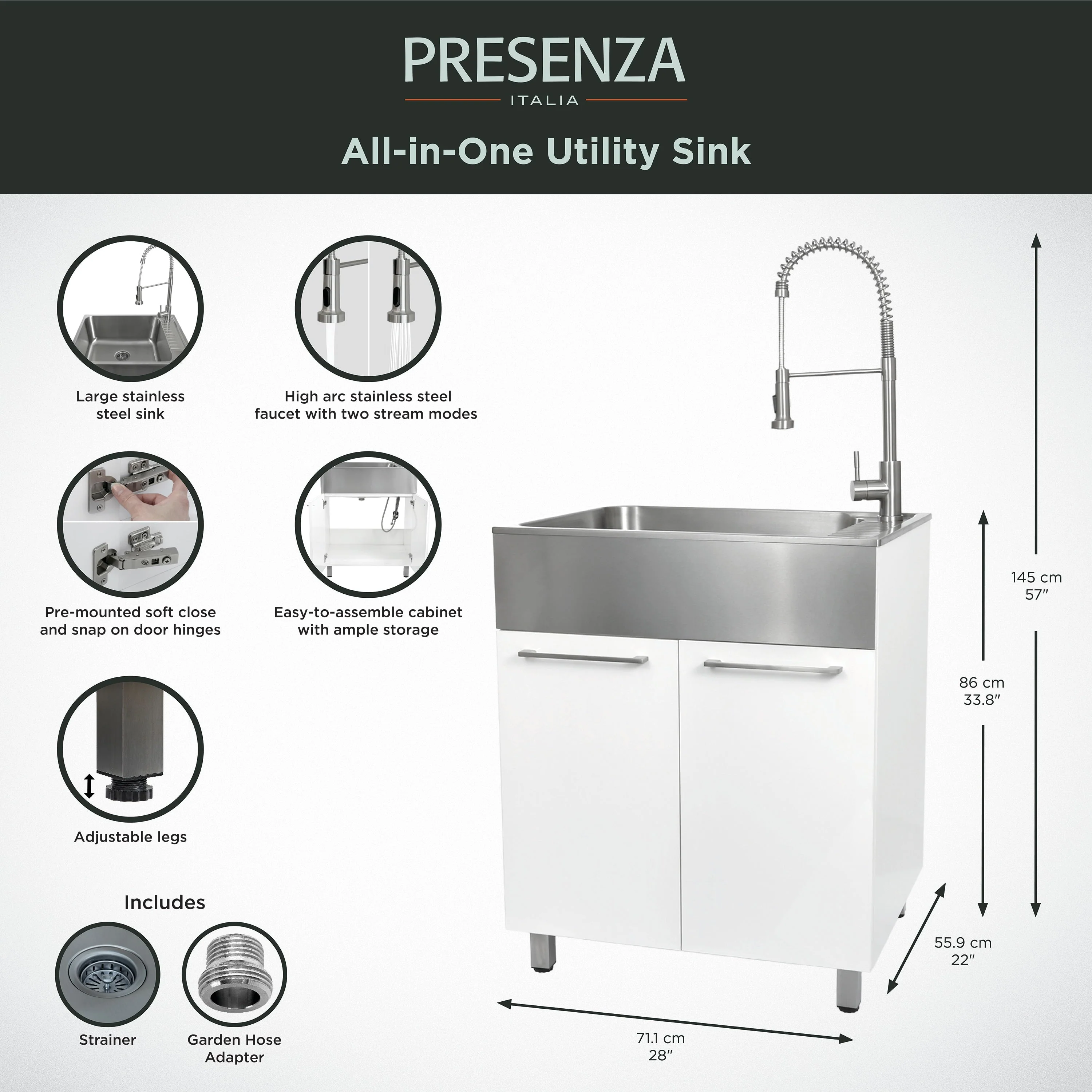 Presenza Brushed Steel Utility Tub with Faucet and Cabinet - Image 12