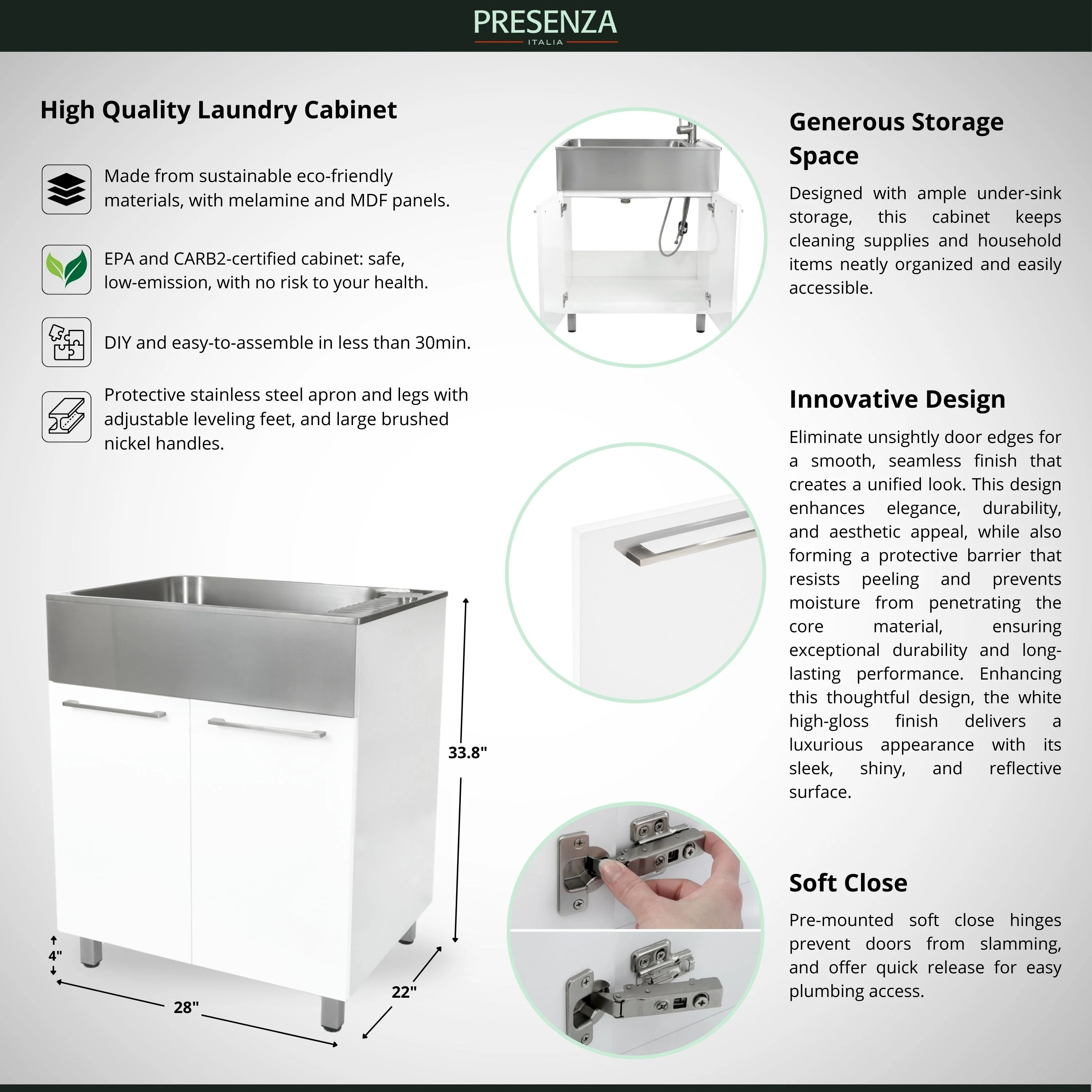 Presenza Brushed Steel Utility Tub with Faucet and Cabinet - Image 14
